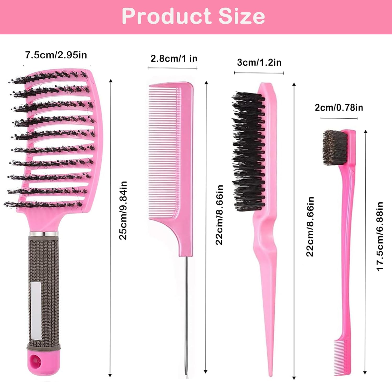 4Pcs Hair Brush, Boar Bristle Slick Back Hair Brushes for Women Men Kids Paddle Detangler Curved Vent Styling Hairbrush for Wet Dry Curly Thick Hair Smoothing Massaging Detangling PINK image number 1