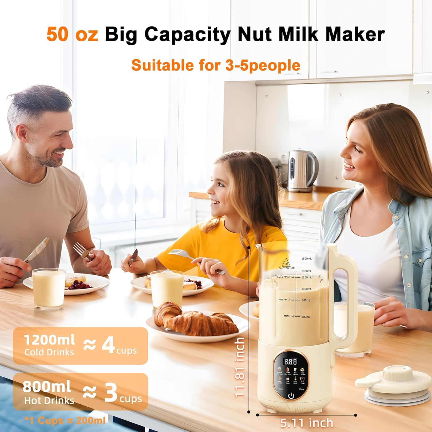 1500Ml Automatic Nut Milk Maker 20 Blades for Almond Oat Soy 10 in 1 Milk Plant Based Milks Chowder Juice with Delay Start Boil Water Keep Warm Auto Clean image number 4