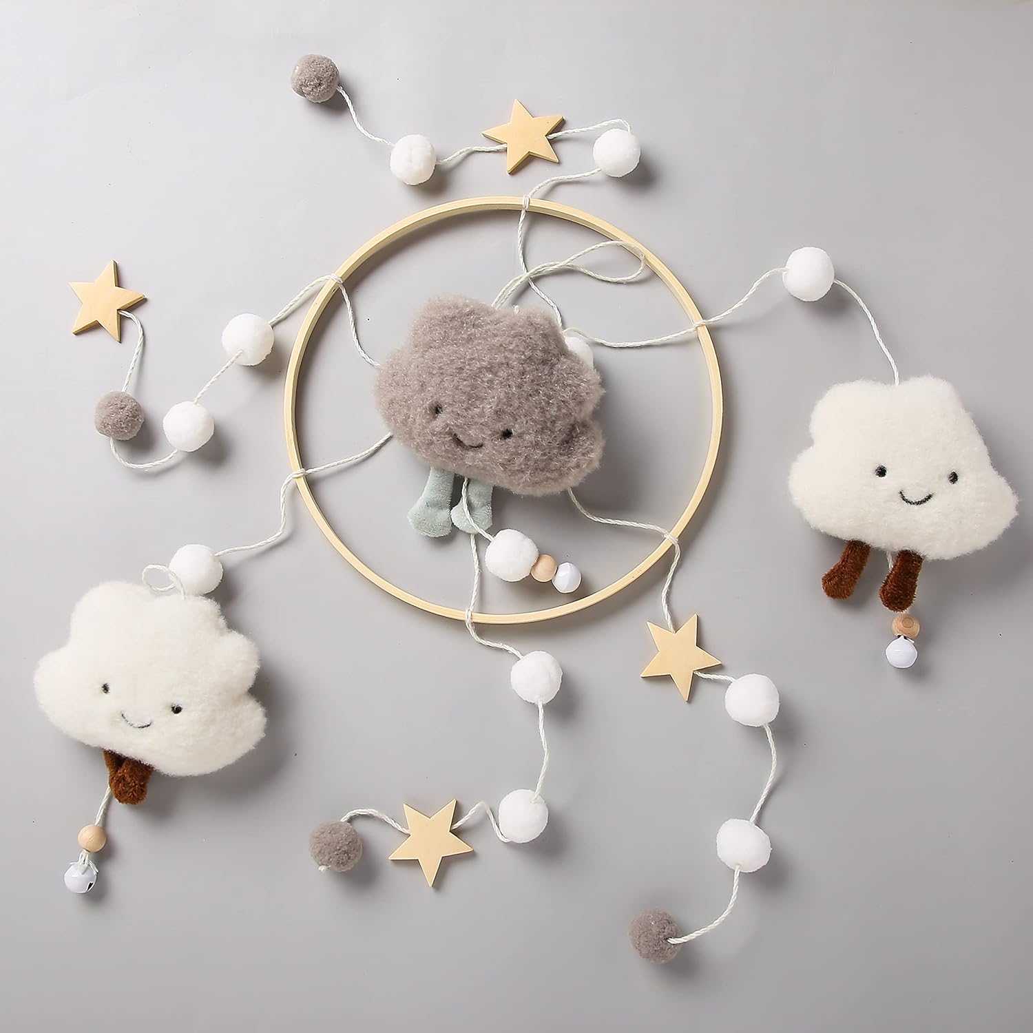 Promise Babe Wooden Crochet Mobile with Felt Balls Clouds Stars for Baby Room Decoration - Grey - Blue Clouds image number 7