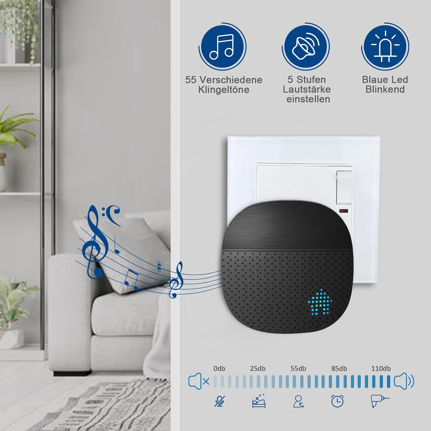 SURFOU Wireless Bell 400 M Range Wireless Doorbell Front Door Outdoor Waterproof Wireless Doorbell Transmitter with Batteries with 55 Ringtones, 5 Volumes, LED Flashing, Black (2 Receivers + 1 image number 1