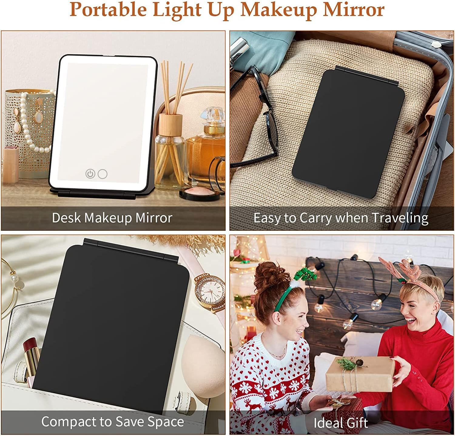 Rechargeable Makeup Vanity Mirror with 72 Led Lights, Lighted Travel Portable Light up Beauty Mirror, 3 Color Lighting, Dimmable Touch Screen, Tabletop Desk Foldable Cosmetic Mirror with Lights(Black) image number 3