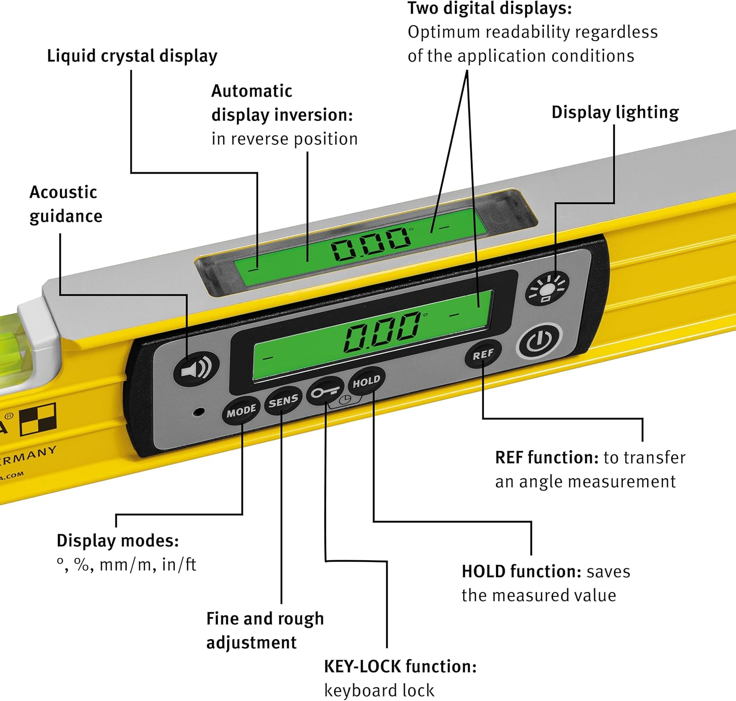 STABILA TECH 196 DL 23 Cm Digital Spirit Level IP67 Waterproof and Dustproof 2 Digital Displays Calibration-Free Display Modes &deg;,%, Mm/M, In/Ft, Bag image number 5