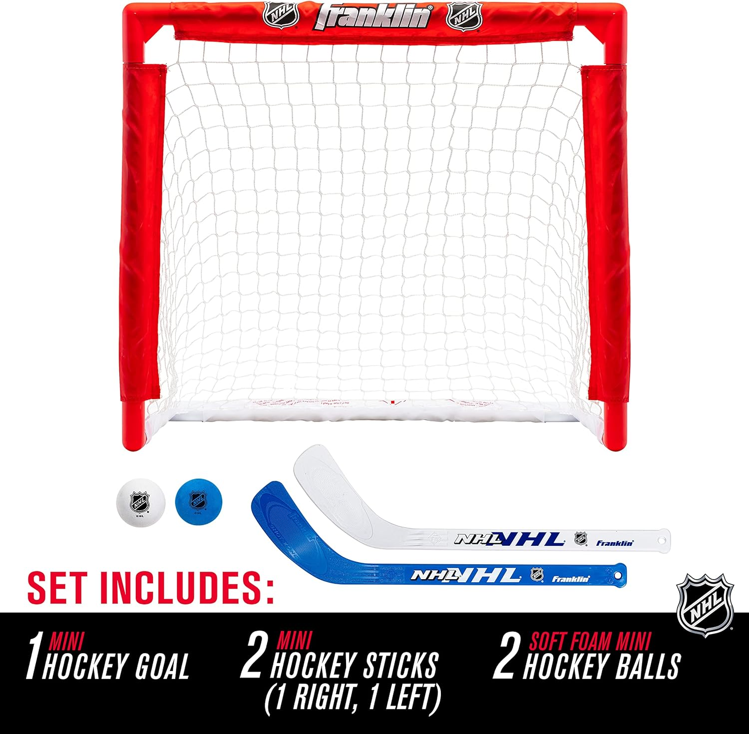 Franklin Sports NHL Kids Mini Hockey Set - Includes 1 Knee Hockey Goal - 2 Mini Hockey Sticks + 2 Foam Balls - Indoor Toy Mini Hockey Goal + Sticks Set,Red image number 2