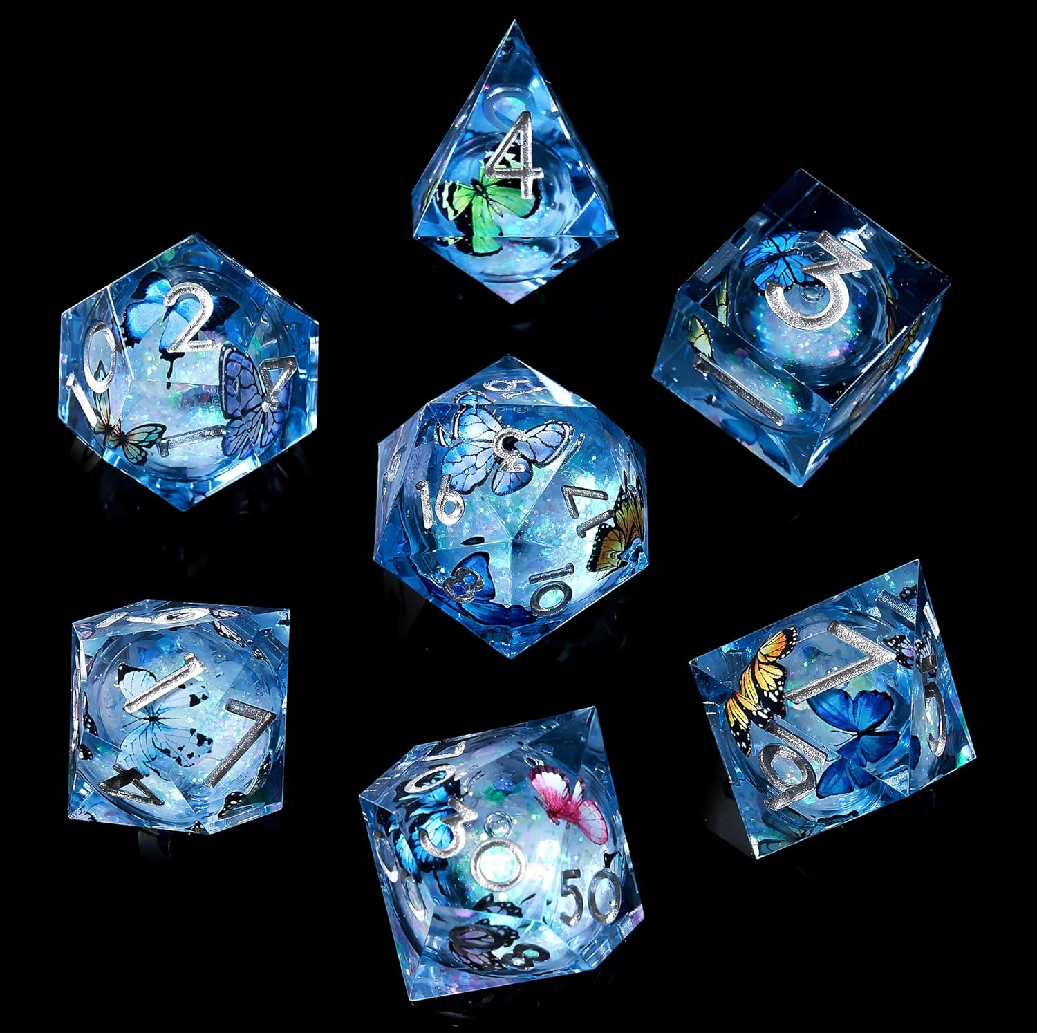 Liquid Core DND Dice Set,Sharp Edge Liquid Core Resin Handmade Cat Eye Dice with Gift Box 7 PCS for Role Playing Dungeons and Dragons Ttrpg(Purple&Blue Quicksand)