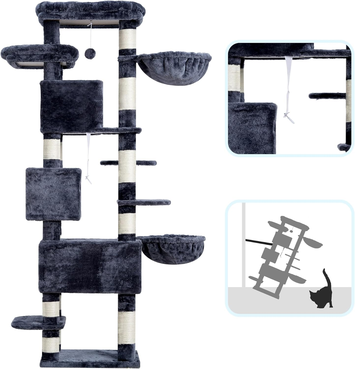 Hey-Brother Cat Tree, 188 Cm Multi-Level XL Large Cat Tower for Indoor Cats with Three Cat Condos, Two Large Top Decks and Cat Hairbrushfor Kittens, Cats and Pets, Smoky Gray MPJ035-MG image number 3