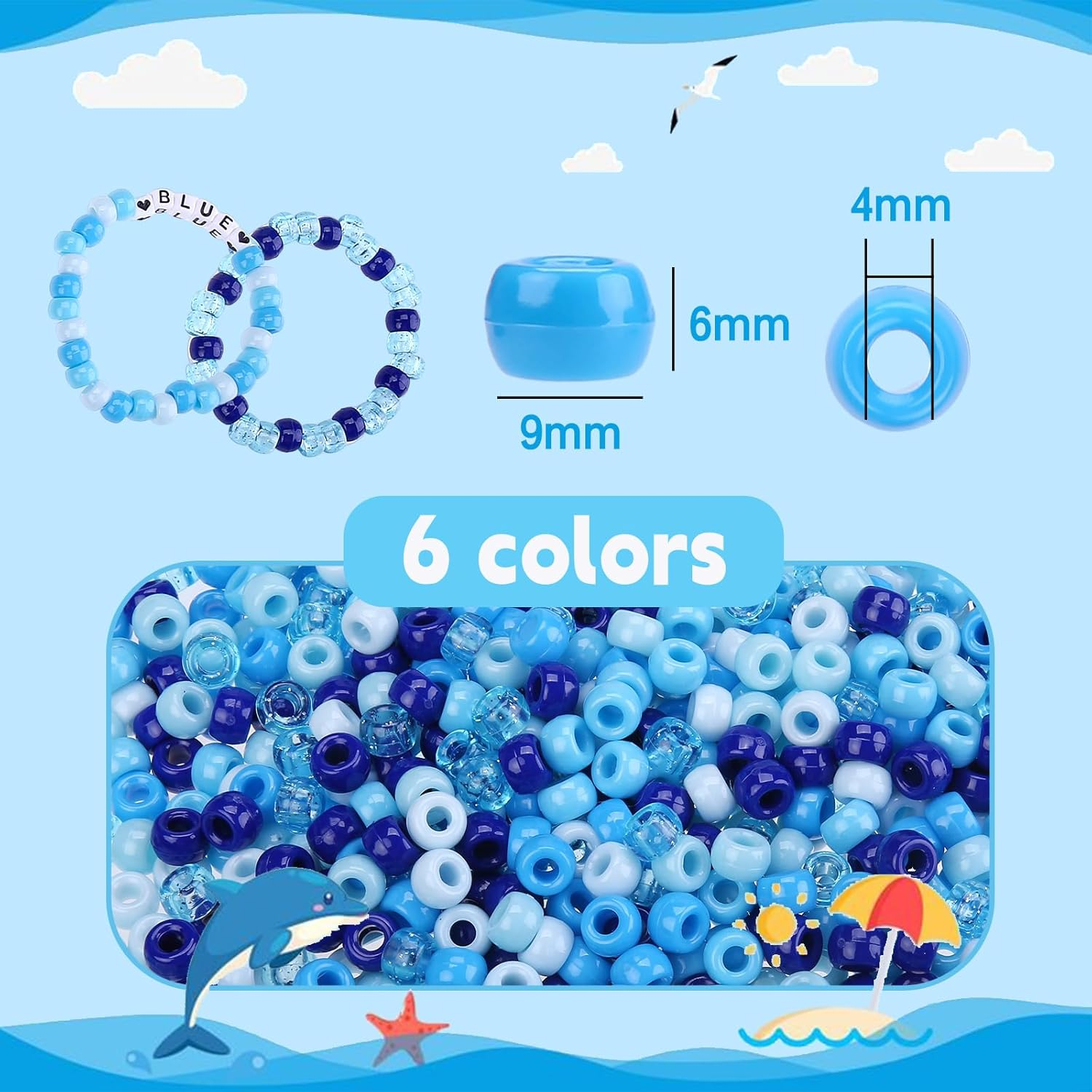 1000PCS Blue Pony Beads, Royal Blue Beads for Bracelets Hair Beads for Braids Kandi Beads Assorted Opaque round Plastic Beads for DIY Crafts Home Decor Hanukkah Decorations - Brown/Yellow/Green/Orange/Red image number 2