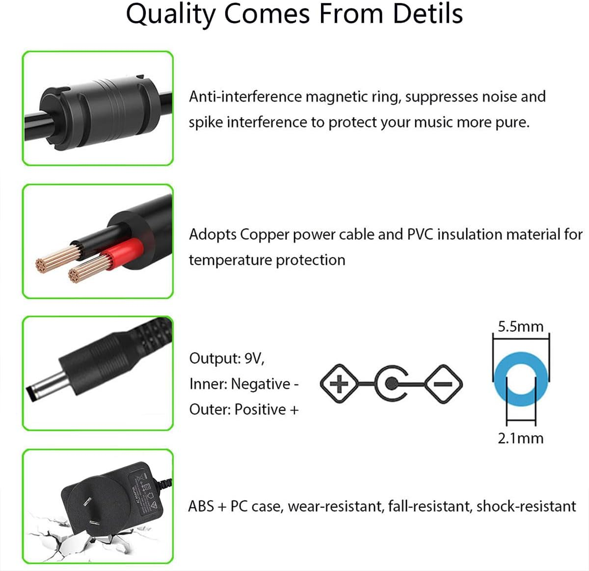 SAA Certified Guitar Pedal Power Supply, AC to DC 9V Power Cord for BOSS Zoom Roland Effects Pedal, Distortion, Casio Keyboard, PSA-120S PW-CT-9V, Center Negative image number 4