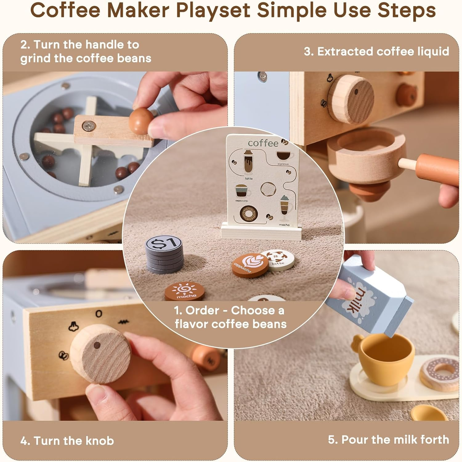 Kids Coffee Maker Playset - Wooden Kitchen Playset Toys - 15PCS Toy Set for Kids Play Kitchen Accessories for Girls & Boys Pretend Play Coffee Maker Toys for Fun image number 3