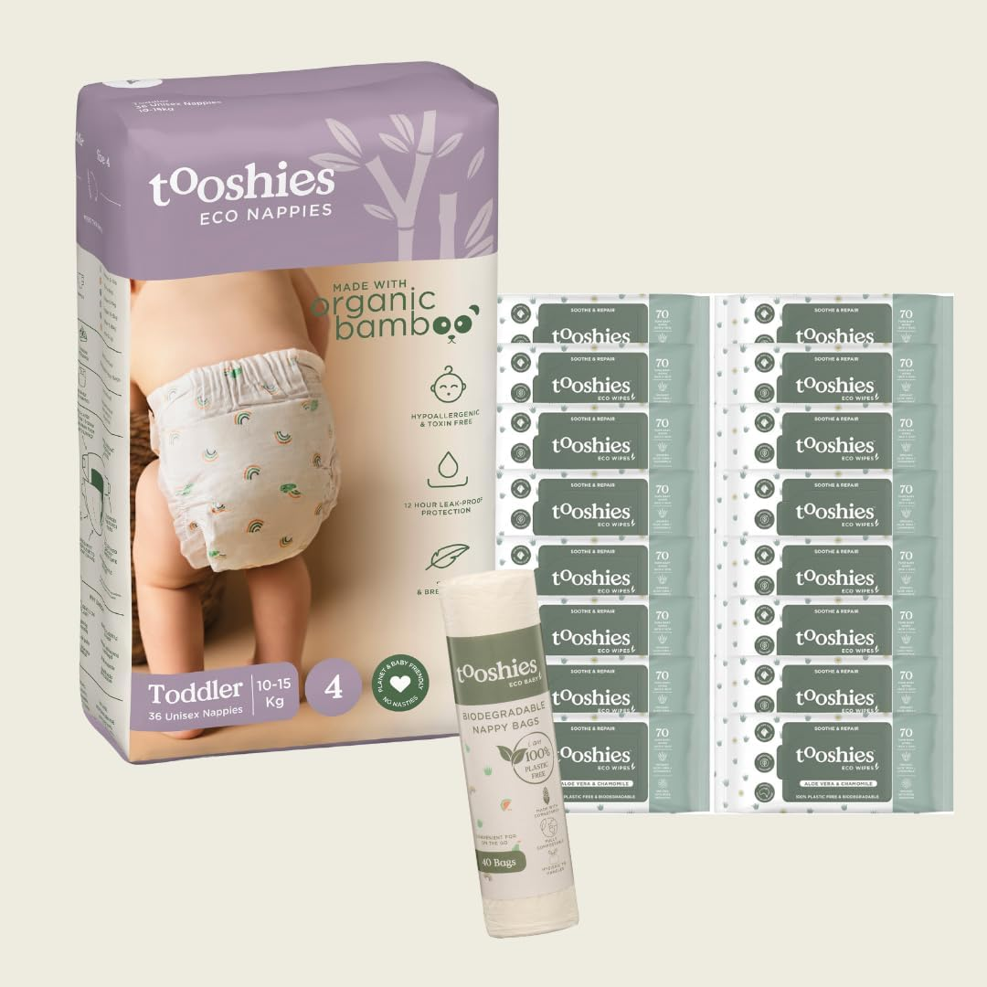 Tooshies Eco Nappies Size 4 Toddler 10-15Kg, 72 Count, White + Tooshies Aloe Vera & Chamomile Eco Wipes, 1120 Pack + Tooshies Biodegradable Nappy Bags, 40Pk, Green