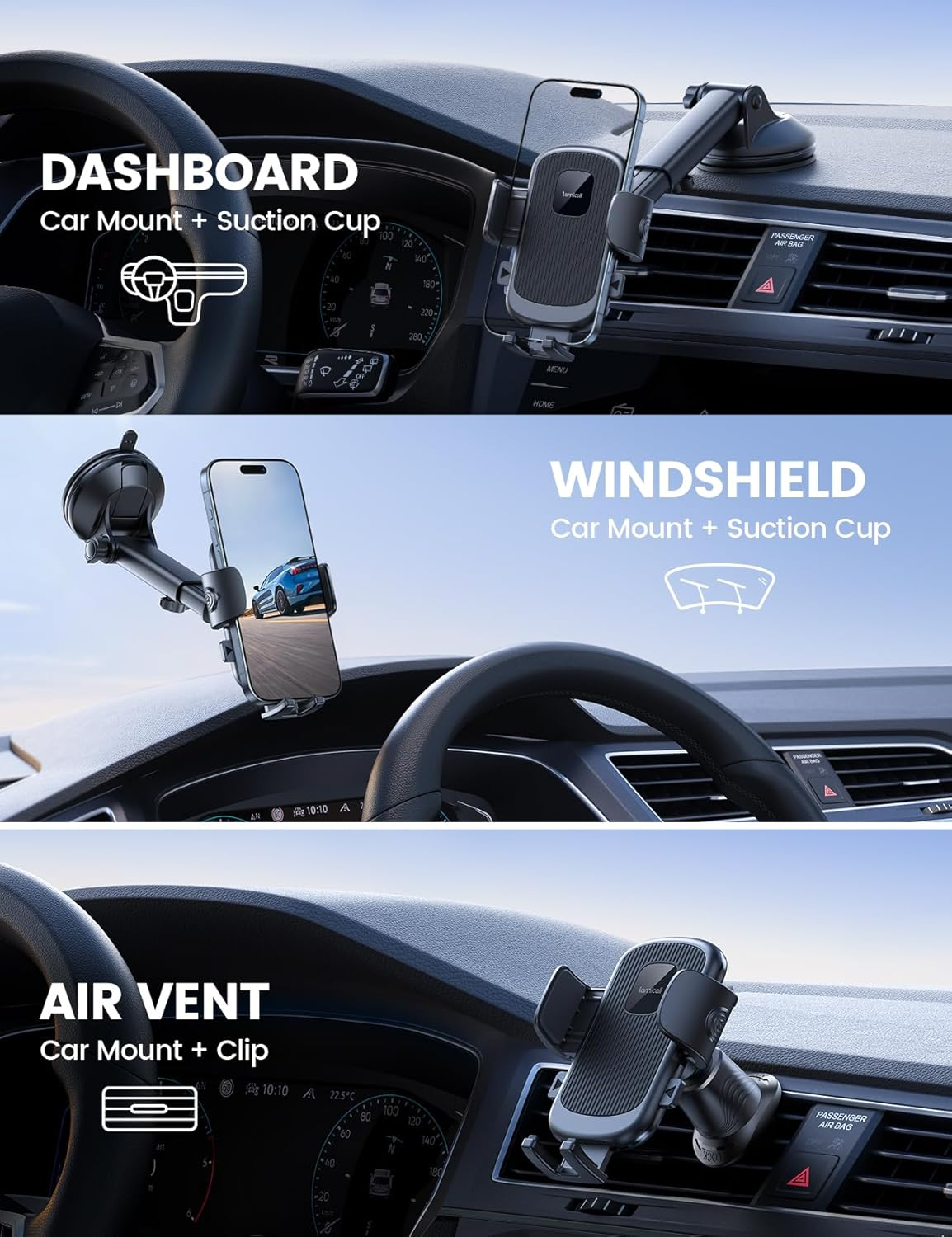 Lamicall Car Phone Holder Mount [3-In-1 Military-Grade Suction Cup] 360&deg; Rotation Phone Holders for Your Car [Metal Hook] Cell Phone Car Mount Dashboard Vent Windshield for Iphone 16 All Smartphone image number 3