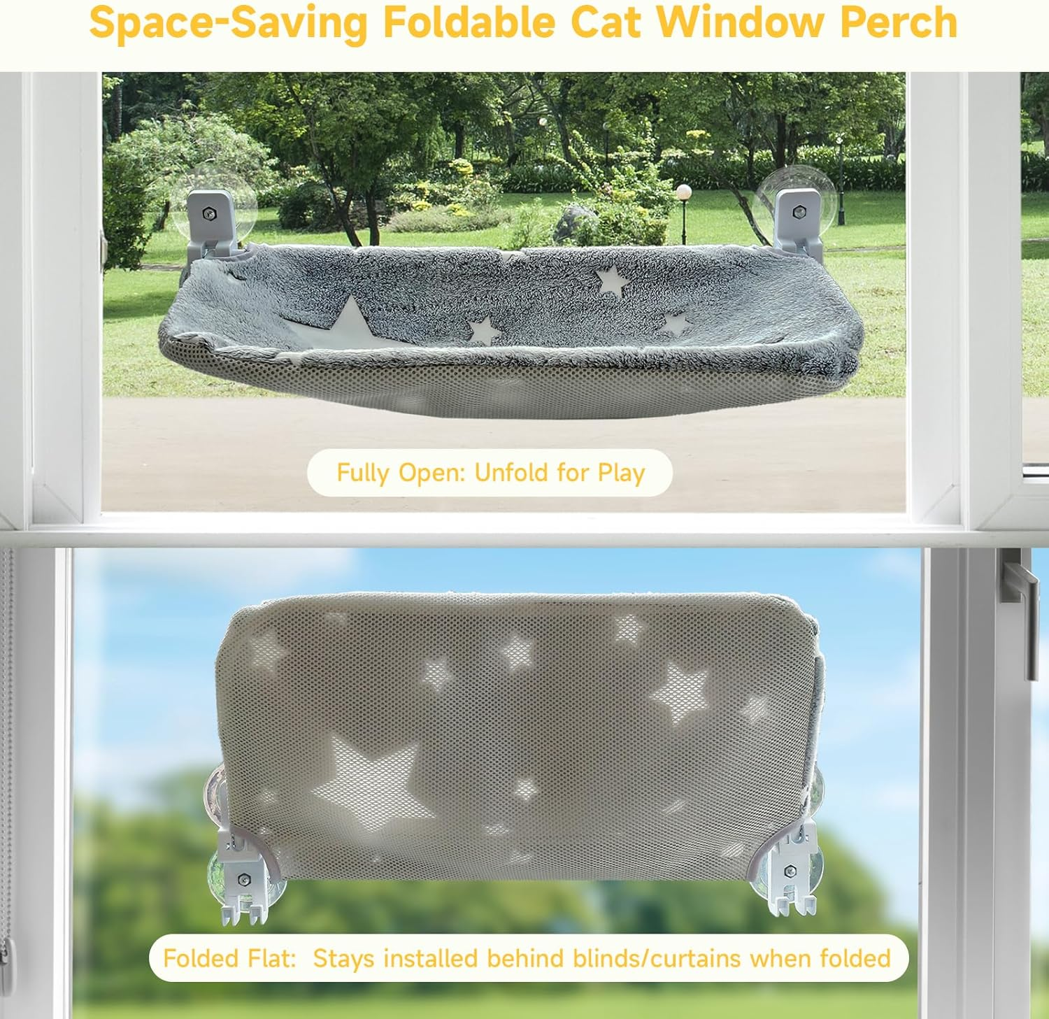 Homegroove 2 Pack Cat Window Perch, 24 X 12 Inch Foldable Cat Hammock for Window with Sturdy Metal Frame, Cordless Window Bed for Resting Seat for Indoor Cats (Grey-With Star Pattern, 60 X 30 CM) image number 1