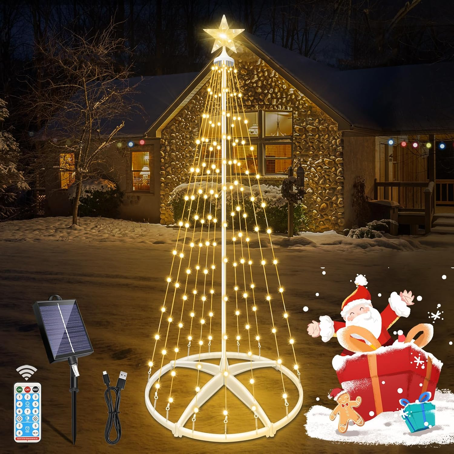 HELESIN 1.2M 154 Leds Solar Christmas Cone Tree Light Outdoor, Christmas Decorations Outdoor,8 Lighting Modes Christmas Lights with Remote for Home Yard Garden Lawn Holiday image number 6