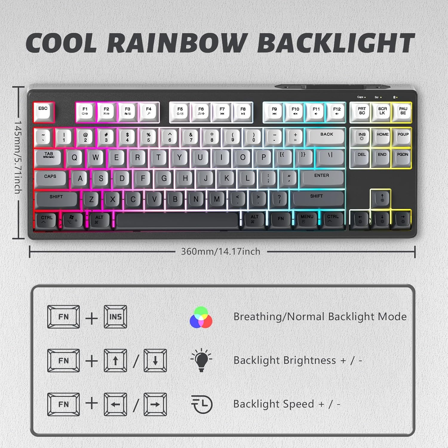 ATTACK SHARK M87 80% Wireless Gaming Keyboard,87 Keys Rainbow Lights TKL Mechanical Feeling SA PBT Keyboard for Mac/Win, Bluetooth 5.0/2.4Ghz Dual Mode Pc Keyboards for Office/Gaming Moonlight image number 6