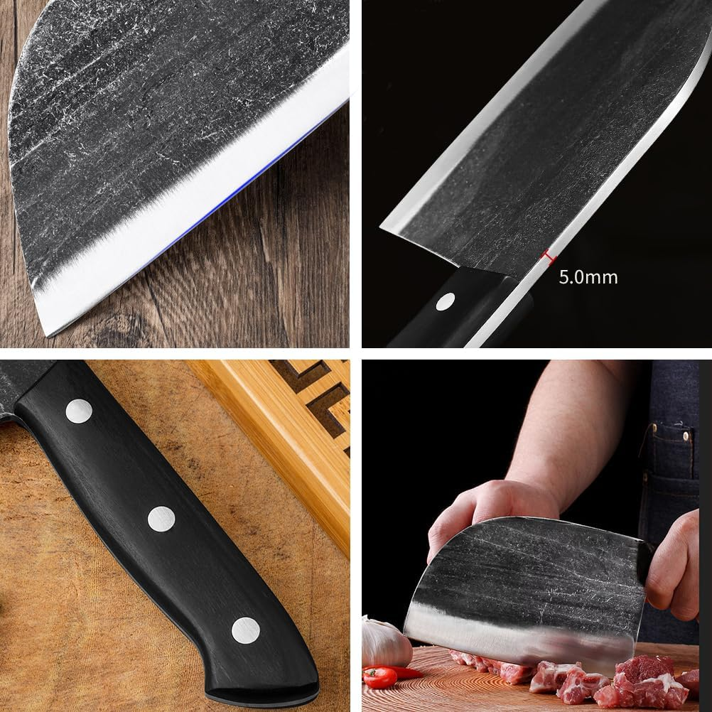 Serbian Chefs Knife 6.7 Inch Full Tang,Forging Kitchen Knives,Wood Handle Set with Leather Sheath Chef Butcher Knife Outdoor Meat Vegetable Cleaver for Family, BBQ or Camping image number 2