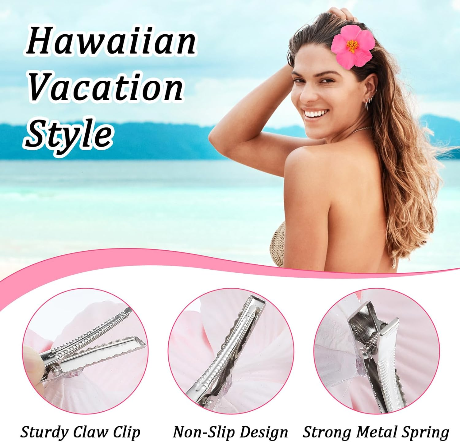 Elevatetech 8Pcs Hawaiian Flower Hair Clips for Women Plumeria Hair Clips Hibiscus Hair Clips Rose Hair Barrettes Hair Accessories for Vacation Beach Party, Boho Clips for Beach Party image number 3