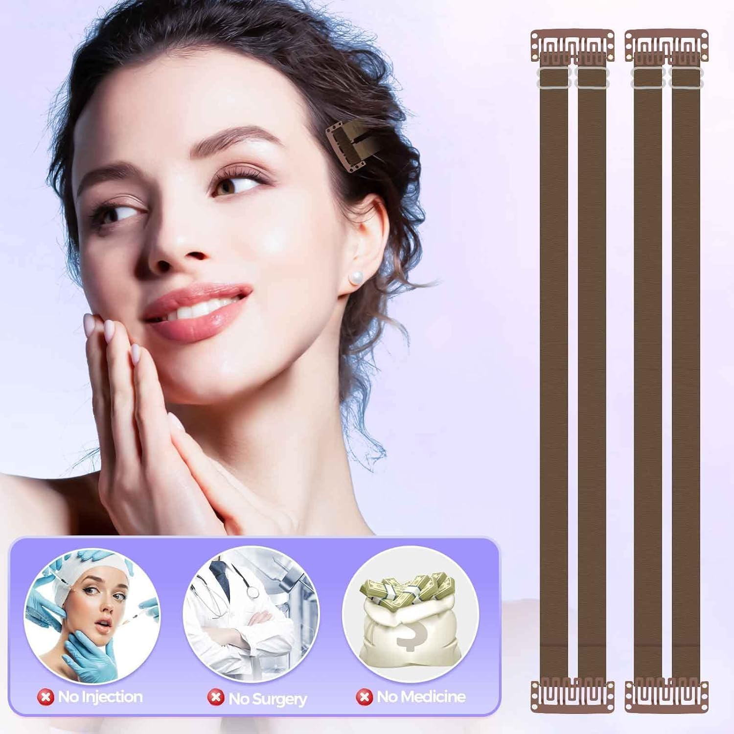 XTYAU Face Lift Tape Invisibles,Facelift Tape for Face Invisible with Bands,Face Tape Lifting Invisible with String,Face Lift Bands with Hair Clips,2 PCS Facelift Band with Clips (Brown) image number 3