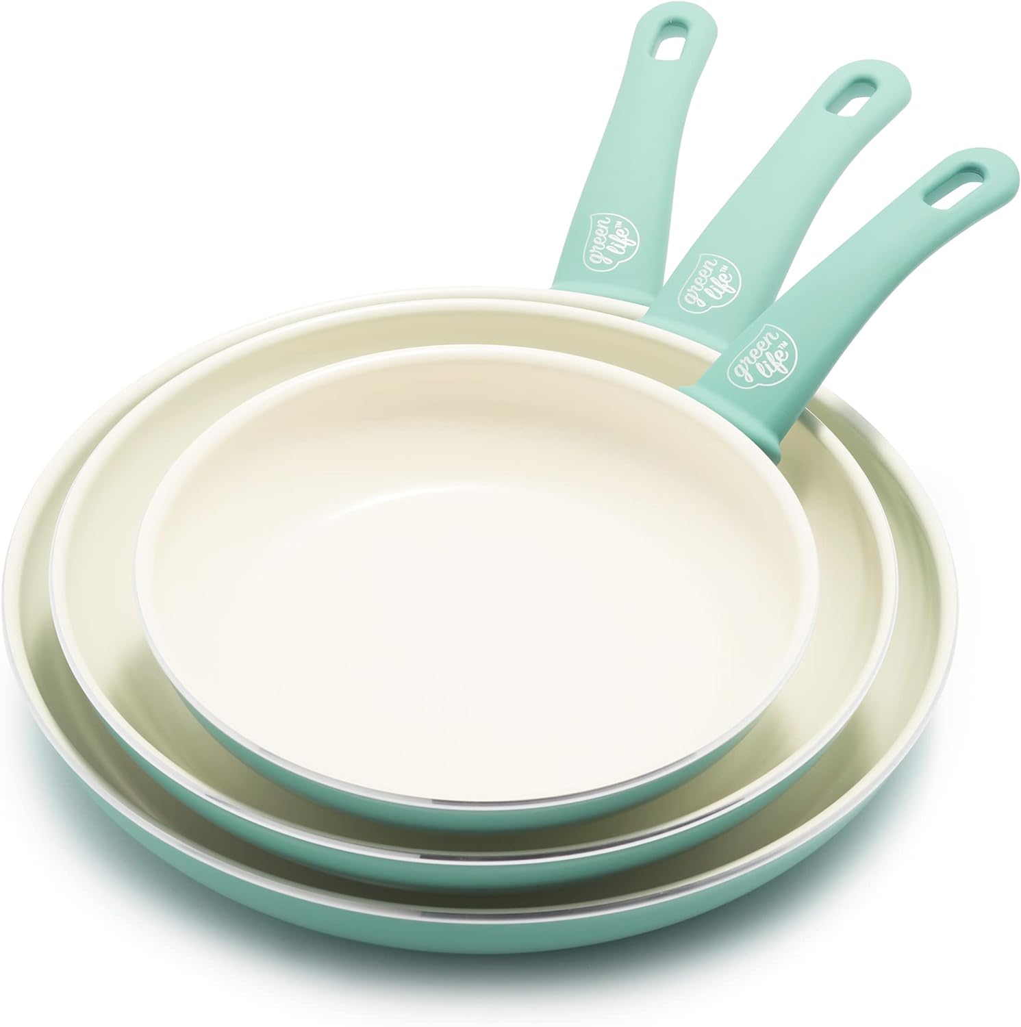 Greenlife Soft Grip Healthy Ceramic Nonstick 20, 26 & 30Cm Frying Pan Skillet Set, Pfas-Free, Dishwasher Safe, Turquoise