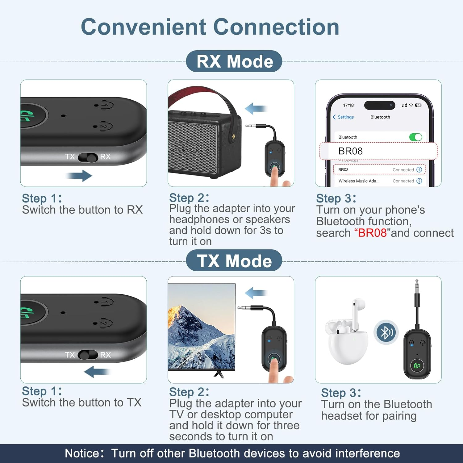 AMIR Bluetooth 5.3 Transmitter Receiver, 2-In-1 Airplane Bluetooth Adapter with Dual Connection, 13Hr Playtime, Plug and Play, Portable Bluetooth Headphone Adapter for TV, Hifi, Airplane, Speaker image number 6
