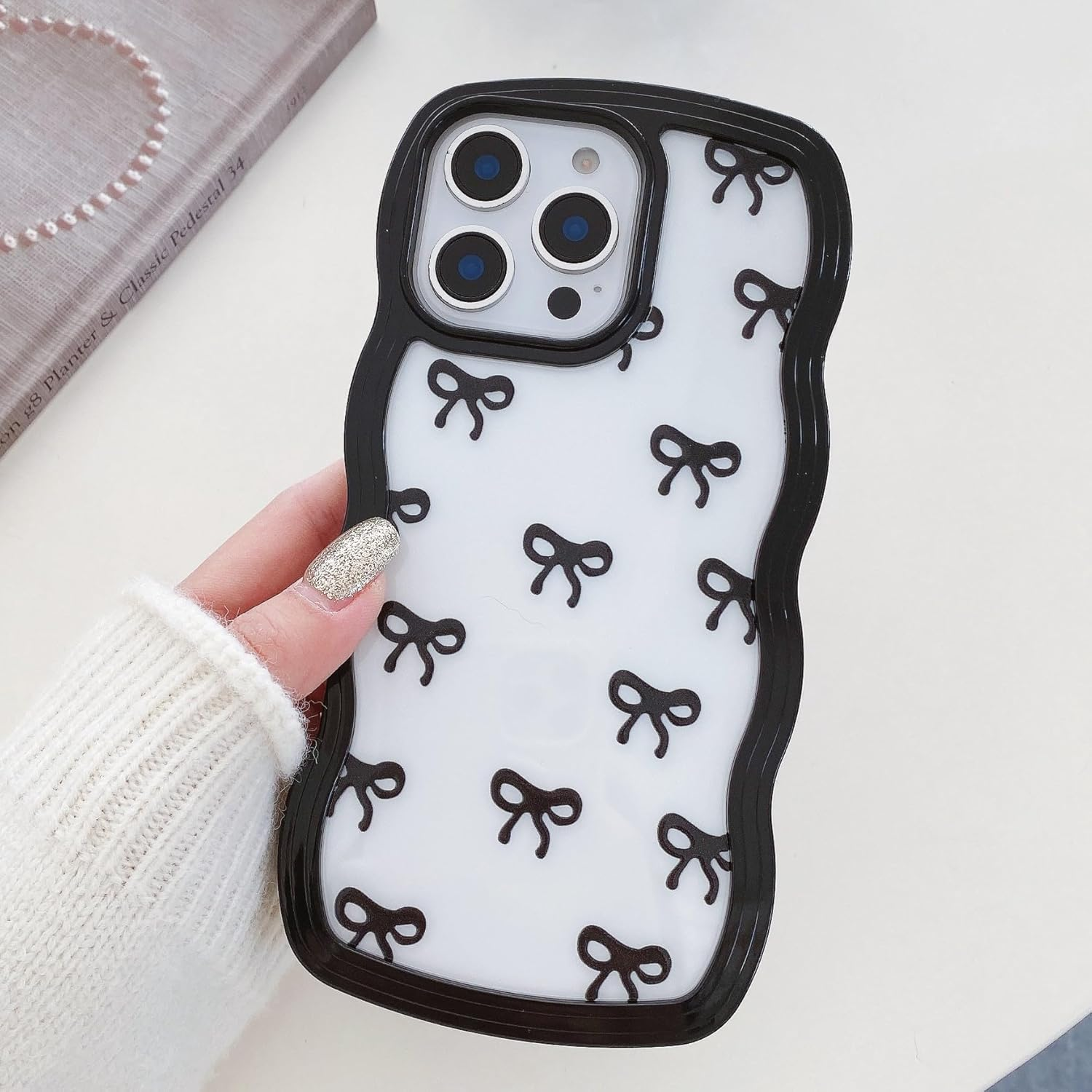 QLTYPRI Bow Case for Iphone 13/Iphone 14, Clear Cute Ribbon Bow Phone Case Curly Wavy Aesthetic Phone Case, Slim Soft Transparent Shockproof Protective Cover for Women Girls - White