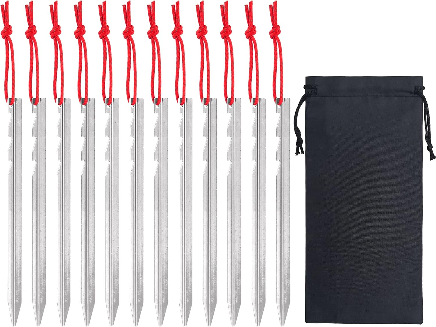 12 Pieces Tent Pegs, Triangular Sawtooth Heavy Duty Tent Pegs Aluminium Alloy Red Camping Tent Stake Nail with Reflective Rope for Camping, Outdoor, Beach, and Hiking, Silver (PGUK043K-18-N)