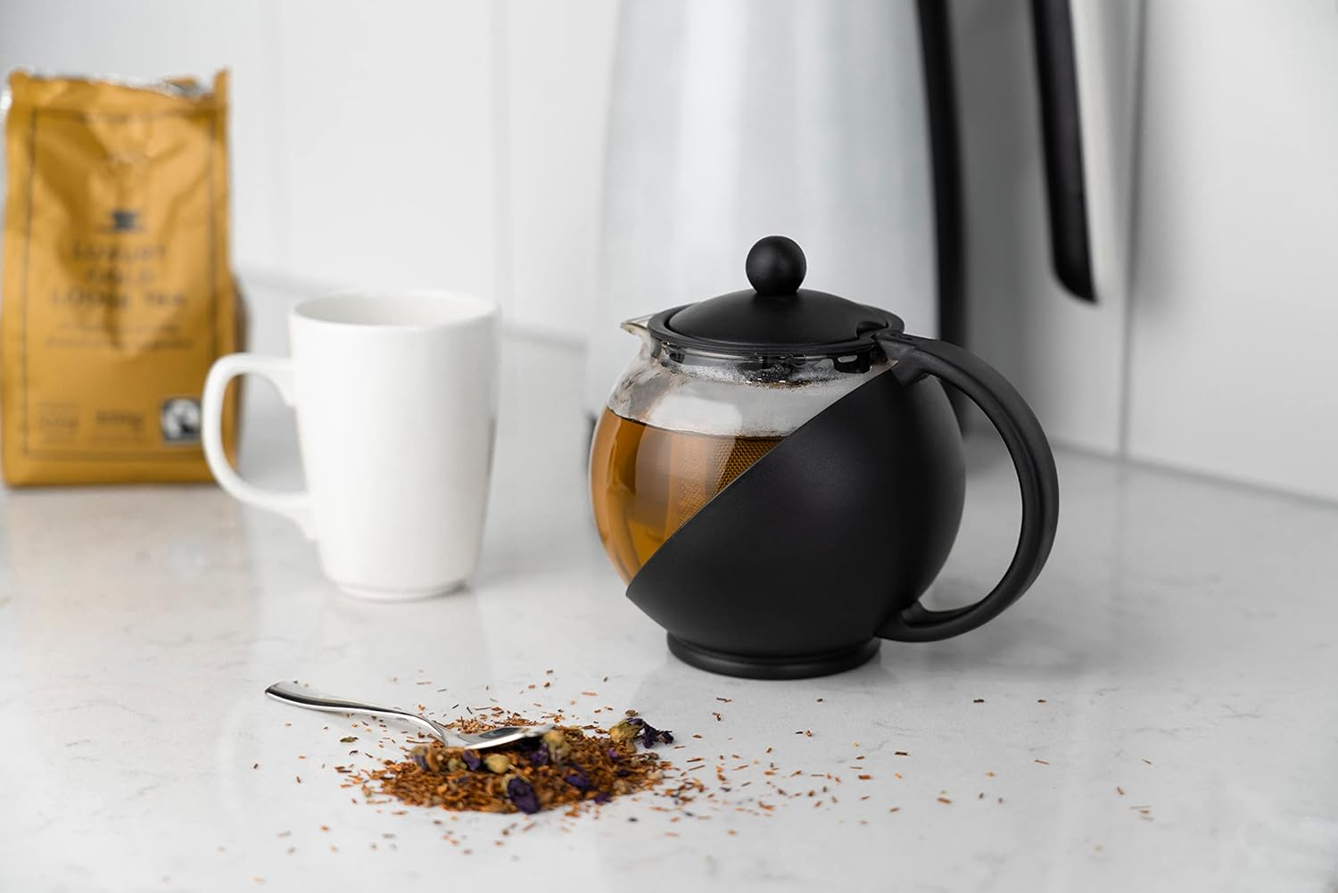 Caf&eacute; Ole Everyday round Tea Pot Infuser Basket Glass Teapot Loose Leaf, Black, 700 Ml/24 Oz image number 1