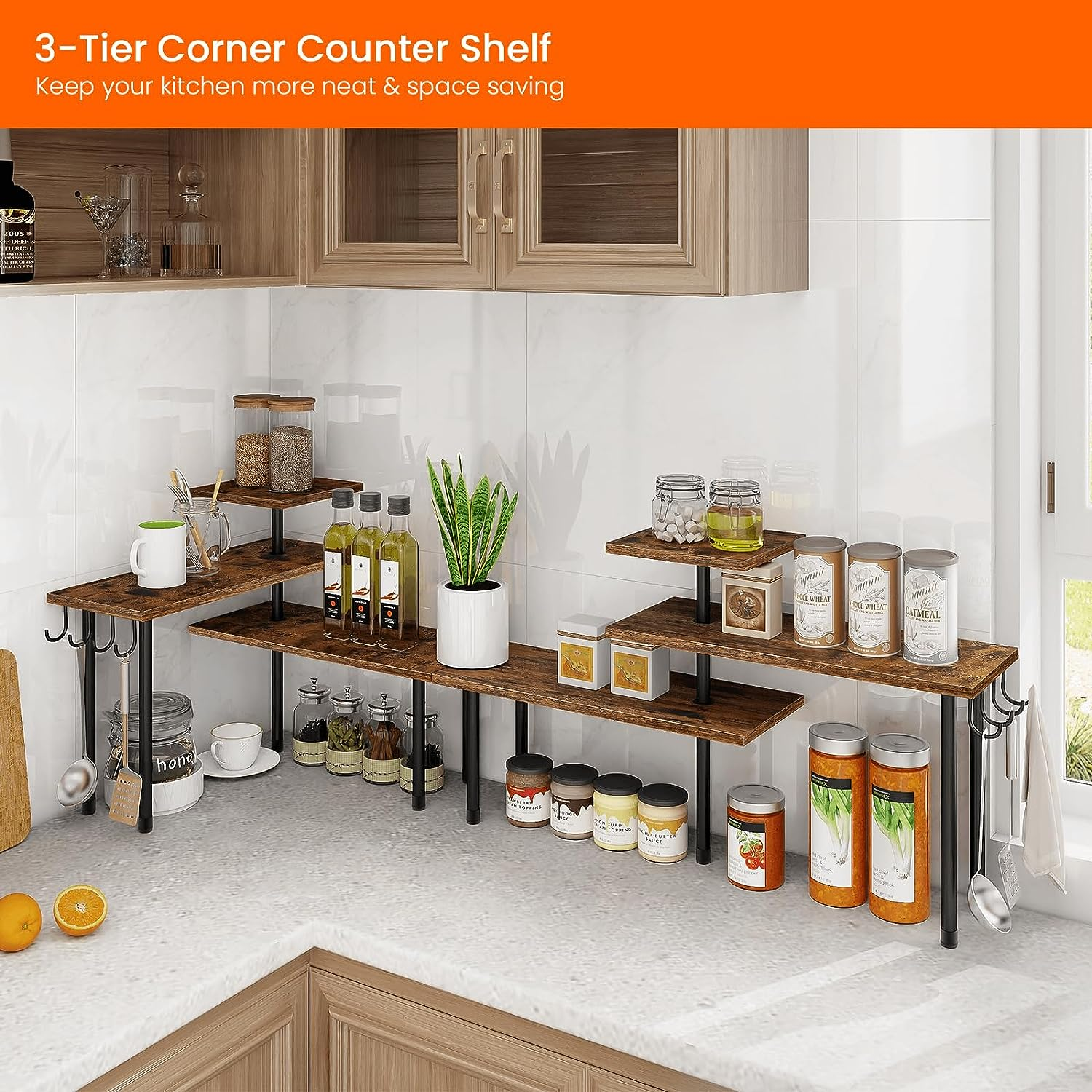 Homode Kitchen Countertop Organizer Corner Shelf, Bathroom Counter Organizer, 3 Tier Counter Shelf Space Saving Organization for Kitchen Counter, Spice Rack, Coffee Bar, over Sink, Rustic Brown
