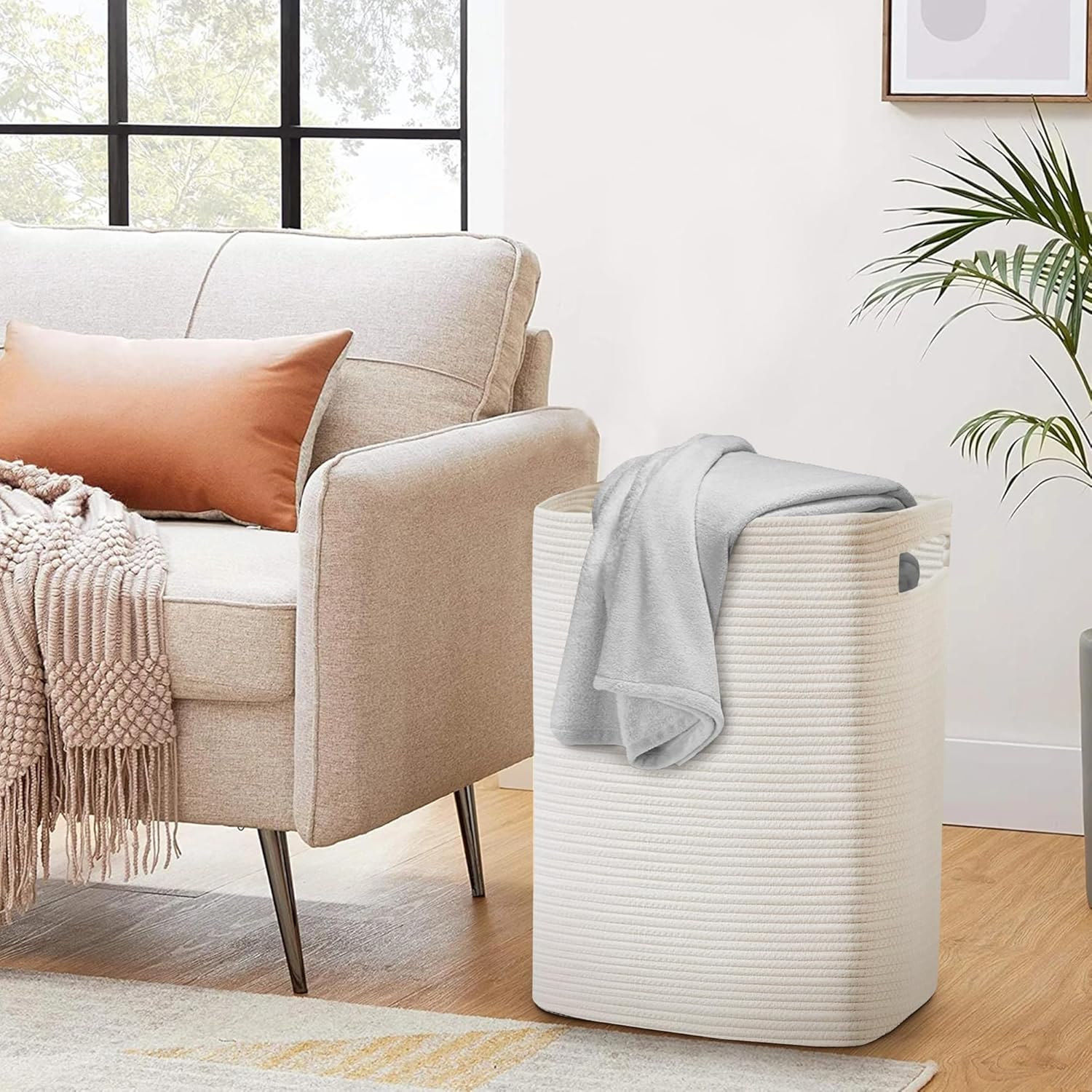 MEGASKET Large Laundry Hamper 16"X13"X22" - Tall Wicker Laundry Basket, Cotton Rope Dirty Clothes Hamper, Baby Kids Nursery White Hamper, 75L - Black image number 2