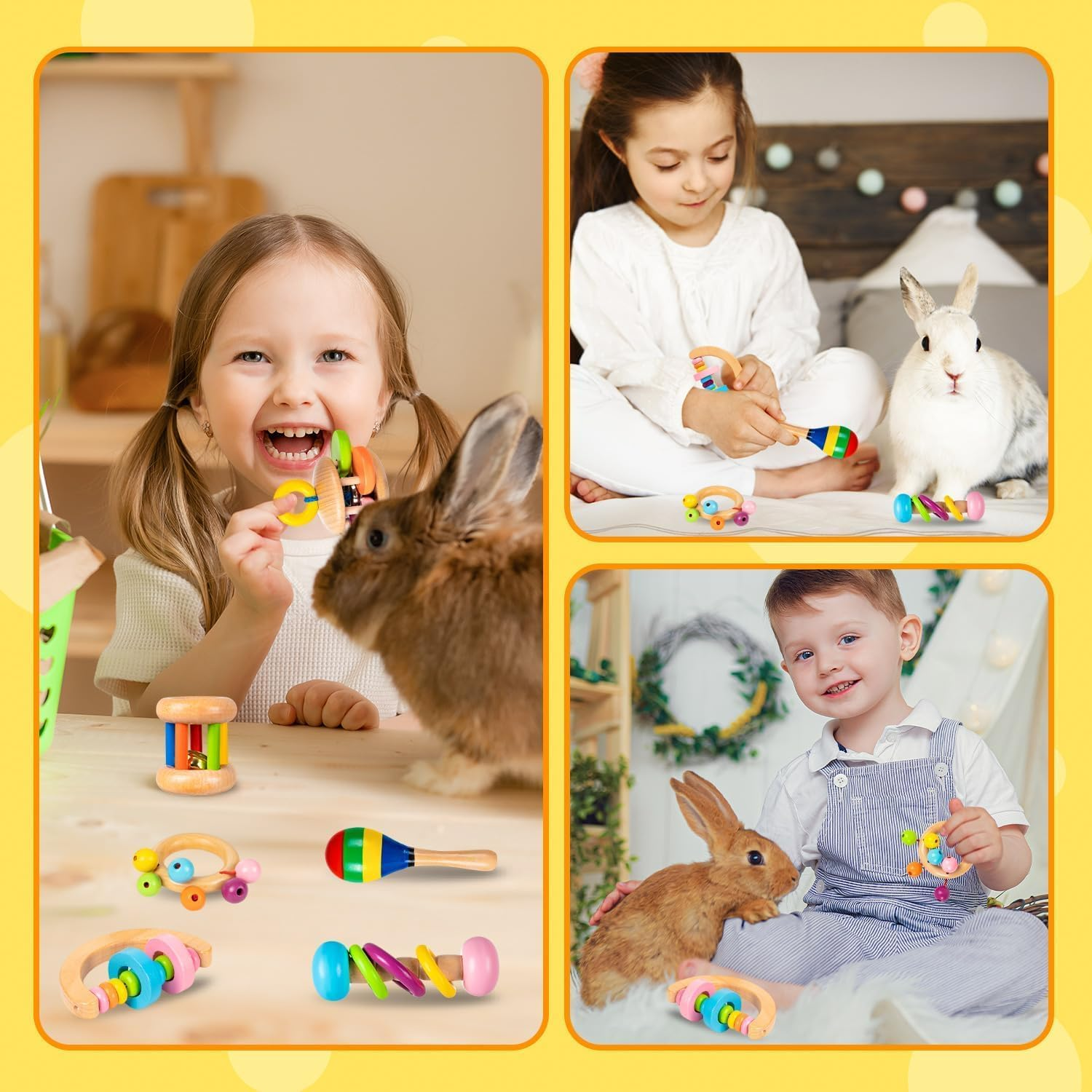 6 Pcs Wooden Bunny Toys Set, Safe Bite-Resistant Rabbit Toys Guinea Pigs Toys for Small Animals Chinchillas Hamsters, Bunny Gifts Indoor Outdoor image number 2