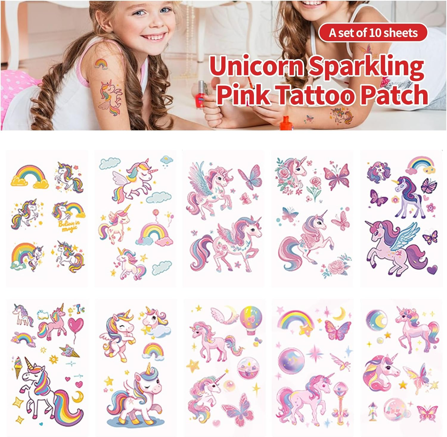 Shalve Unicorn Glitter Tattoo 12 Sheets Unicorn Temporary Tattoos Kit Party Favours Waterproof Fake Tattoos Birthday Party Favors Goodie Bags Stuffers image number 3