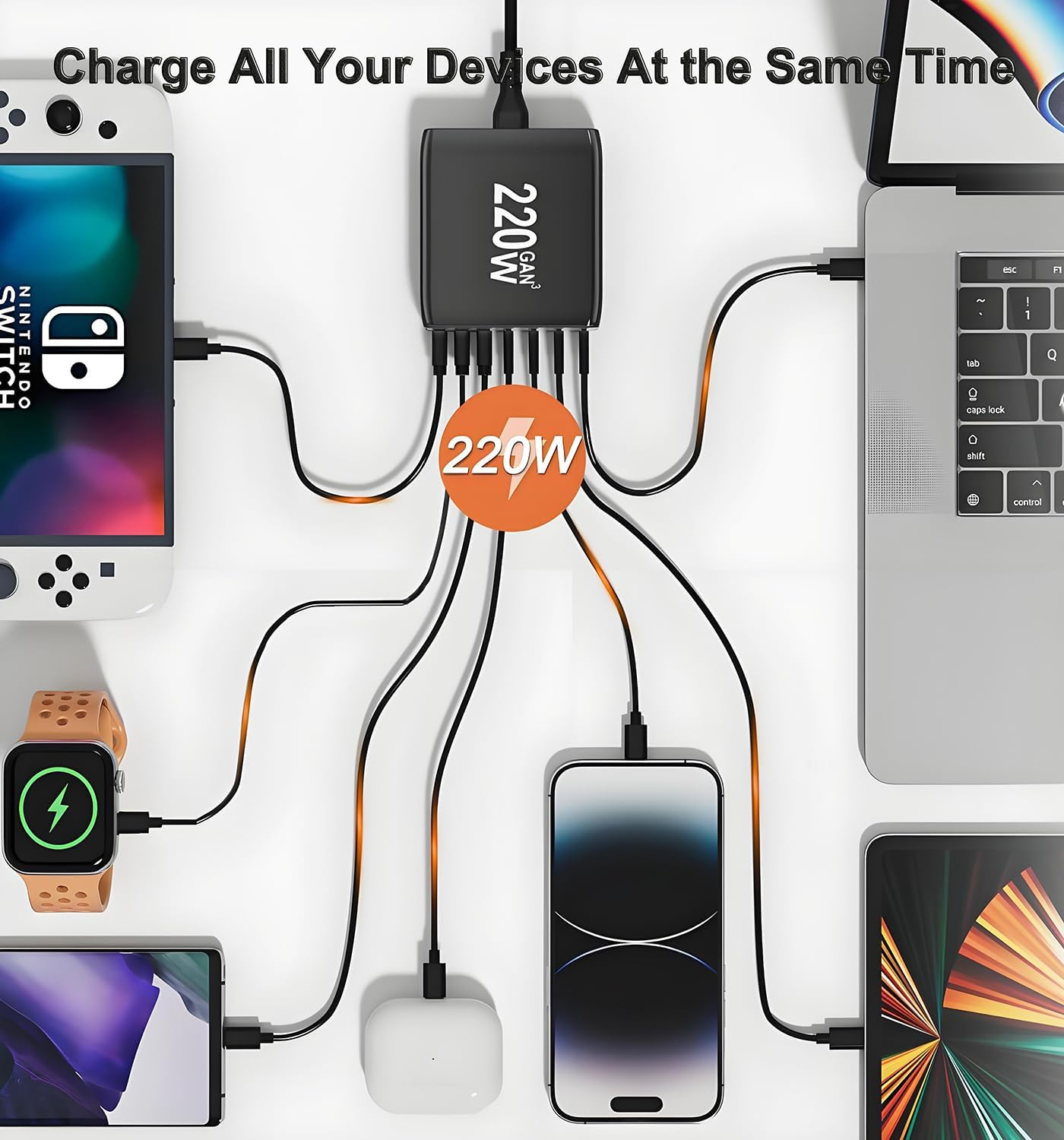 220W USB C Charger, Gan Charger Station Block, 7-Port Fast Charger, USB Desktop Charger Power Adapter, Type C Charger Compatible with Iphone 16 15 14 13 12, Macbook, Ipad, Galaxy, Laptop, Tablets image number 2