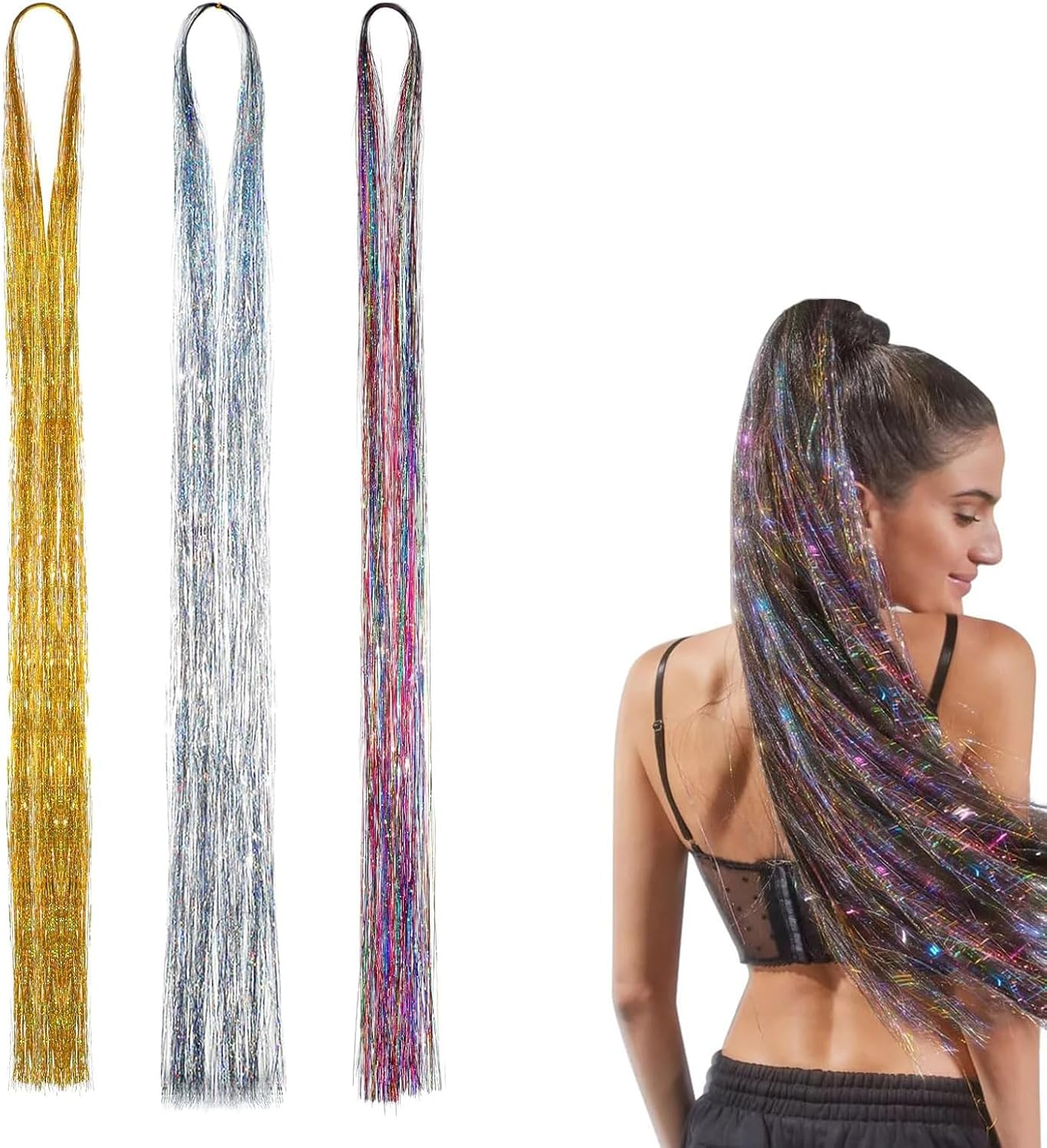 DHWEKU Hair Tinsel Strands 3 Colours Hair Tinsel Extensions, Hair Tinsel Strands Kit Hair Tinsel Hair Tinsel Strands Hair Strands, 120 Cm Strands Straight Long Hairpiece Accessories for Girls Women image number 4