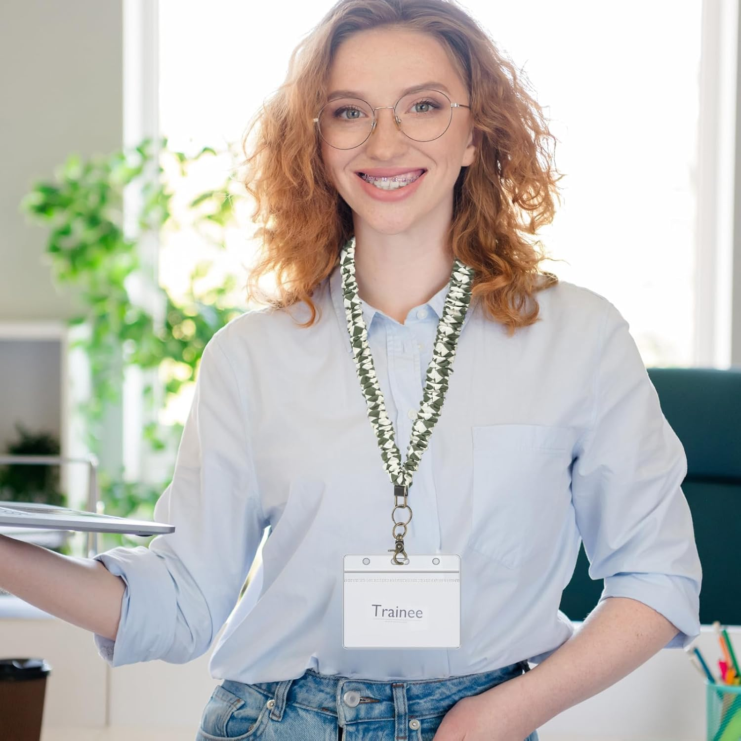 Marspark 2 Set Scrunchie Lanyards with 4 Card Holders for ID Badges and Keys Cute Stretchy Scrunchie Neck and Wrist Lanyards for Teacher Women Nurses School Office Supplies(White Green, Checked)