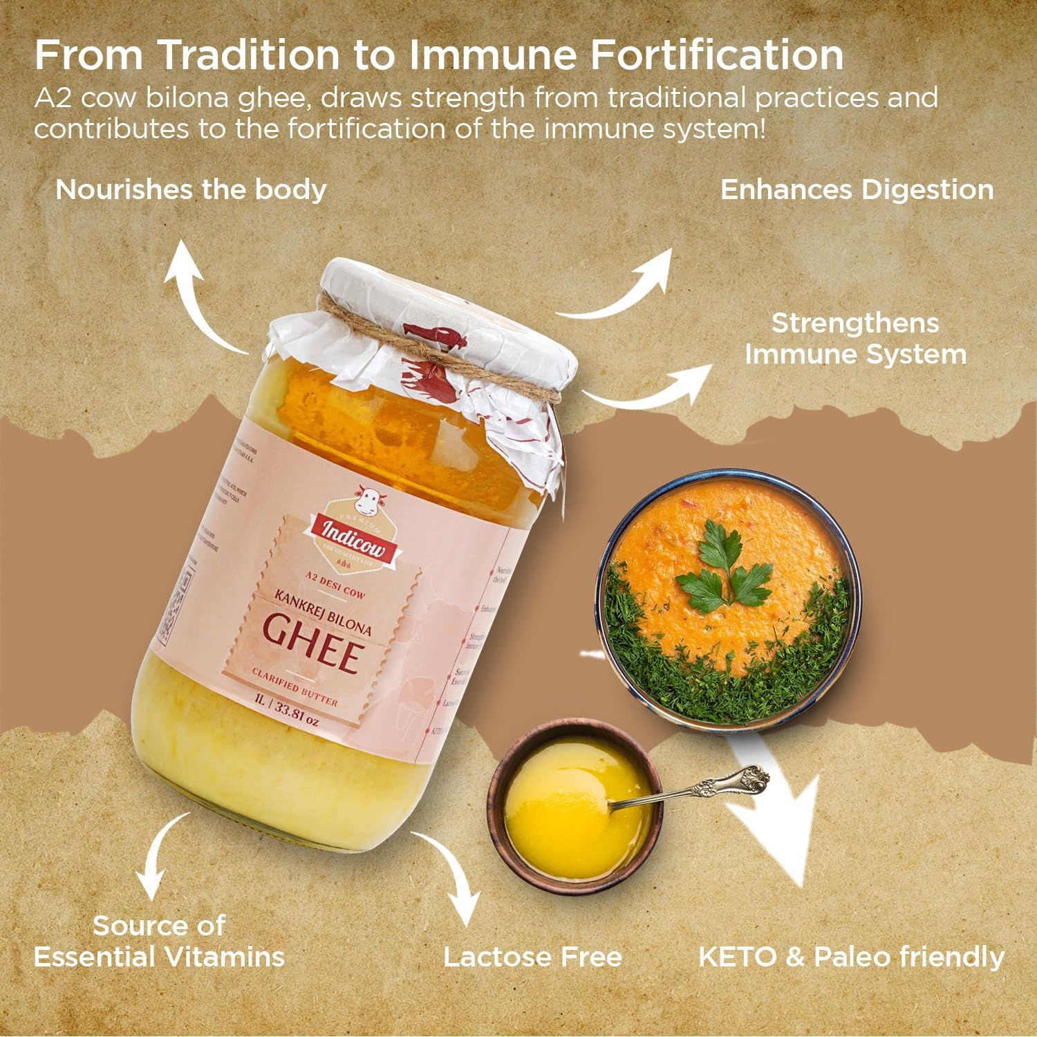 Indicow Farms A2 Cow Ghee/Clarified Butter | Hand Churned, Bilona | Organic Grass Fed Ghee | Keto and Paleo Friendly (A2 Kankrej Cows Bilona, 1000Ml/33.8Oz) image number 5