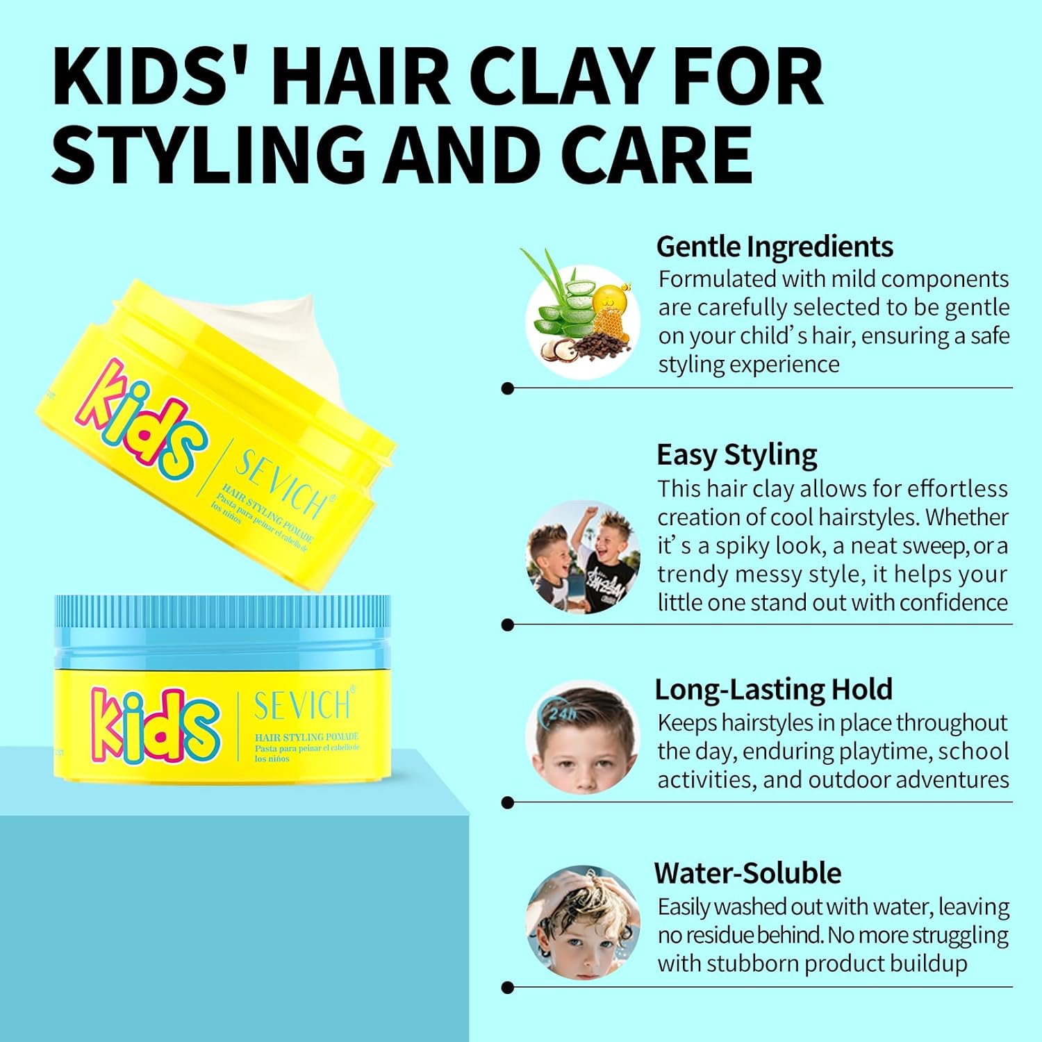 SEVICH Kids Hair Styling Pomade, Toddler Styling Clay - Gentle Gel for Sensitive Scalp, Water-Soluble & Long-Lasting Hold, Tames Unruly Hair, Plant-Based Ingredients for Boys Girls,80G image number 5