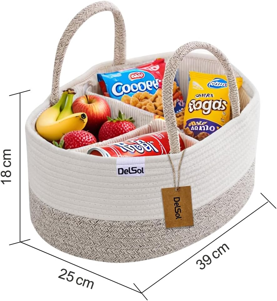 Delsol Cotton Rope Diaper Caddy Organizer, Large Nursery Baby Basket, Changing Table Organizer for Baby Diaper Storage, Portable Car Organizer with Removable Divider, Baby Shower image number 6