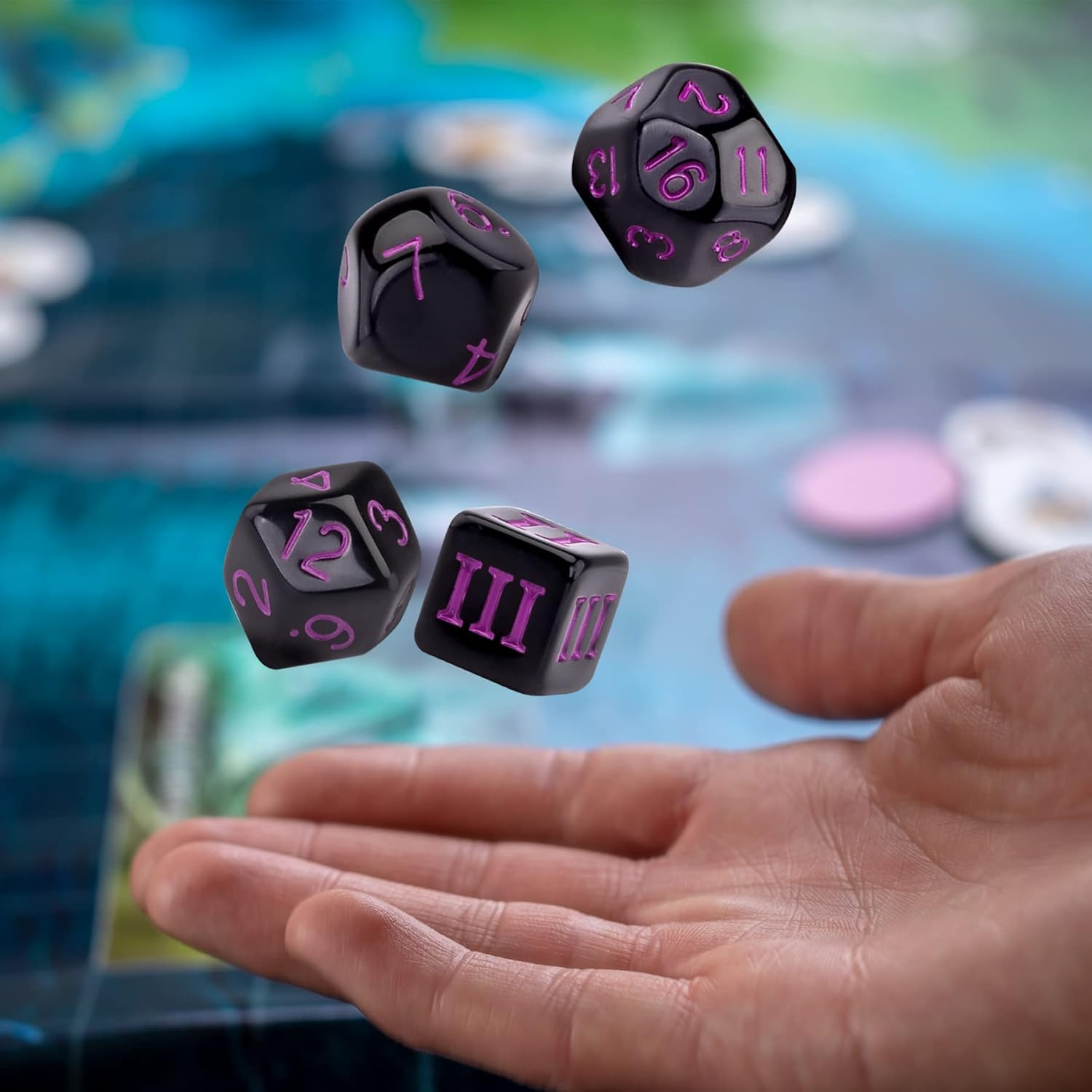 AUSTOR 15 Pieces Complete Polyhedral Dice Set D3-D100 Game Dice Set with a Leather Drawstring Storage Bag for Role Playing Table Games(Black & Purple) image number 5