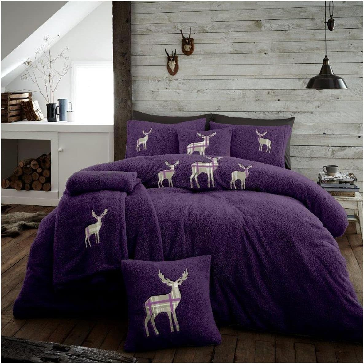 Gaveno Cavailia Easy Care Embroidered Stag Teddy Duvet Cover with Matching Pillow Cases, Fluffy Thermal Quilt Set, Super Soft & Cosy Linen, Purple, Double Size Bedding, 100% Polyester image number 3