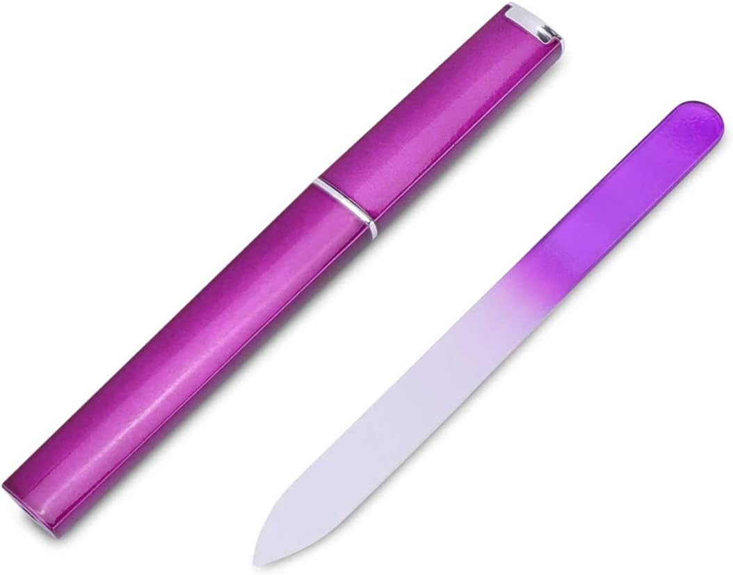4 Pieces Glass Nail Files with Hard Protective Cases, Beauties Factory Double-Sided Reusable Sandy Glass Nail File with Portable Case for Fingernails, Natural, Gel and Acrylic False Nails (4 Colors - Purple, Pink, Candy Green, Cream White)