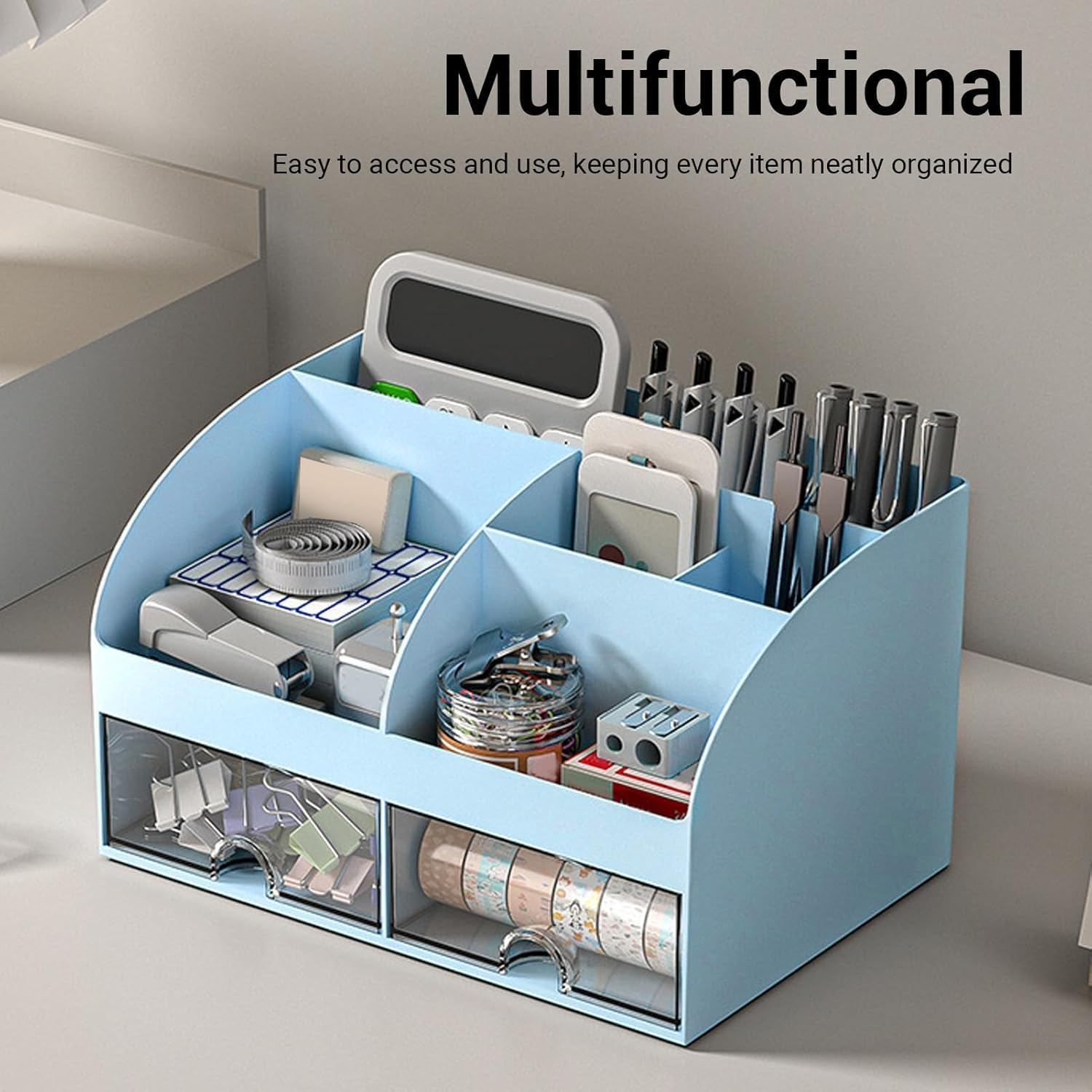 Tinyso Multifunctional Desk Organizer with 2 Drawers & 7 Grids,Large Capacity Plastic Stationery Organizer,Tidy Desktop Storage Box,Ideal Desk Accessories for Home,Office Decor(Blue) image number 1