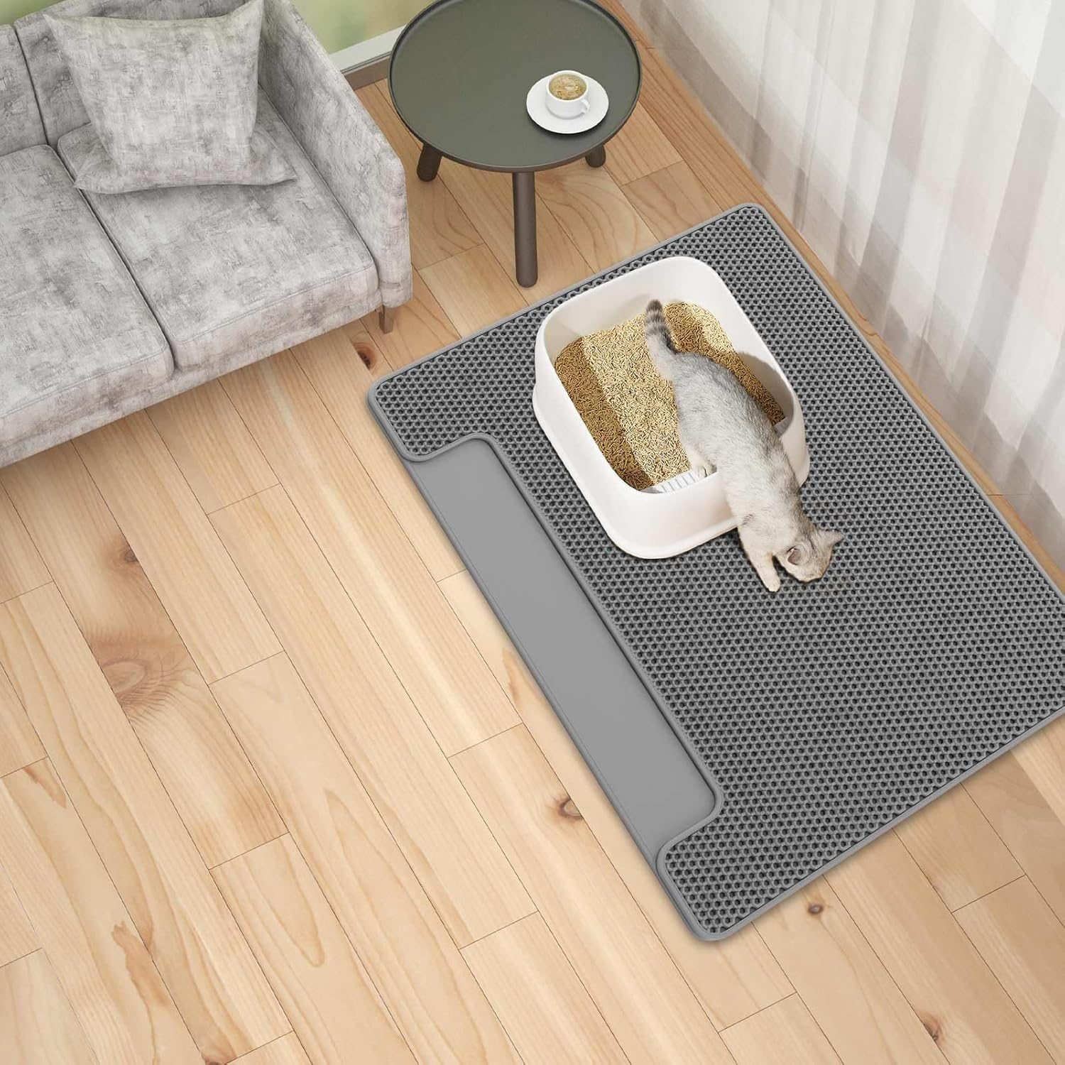 BREENHILL 70X58Cm Cat Litter Mat, Trapping Mat with Brush for Cat Litter Box Waterproof Easy Clean Double Layer Design Washable, Floor Protector-Xl-Grey image number 2