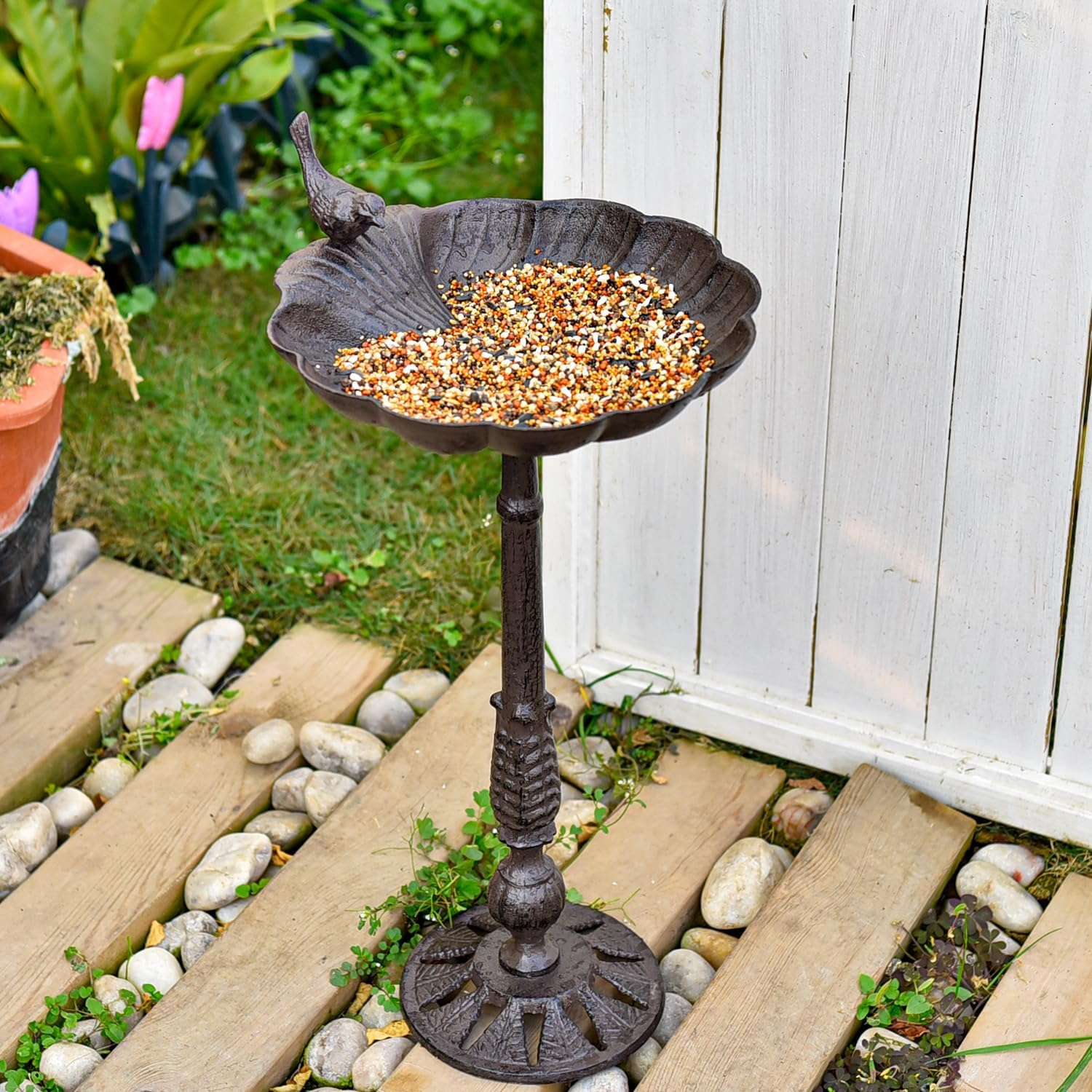 Sungmor Cast Iron Bird Bath for Outside, 21 Inch Height Garden Standing Feeder, Antique Style & Shell-Shape Bird Bath Bowl, Decorative Pedestal Birdbath, Outdoor Yard Deck Patio Ornament - Standing  Shell image number 4