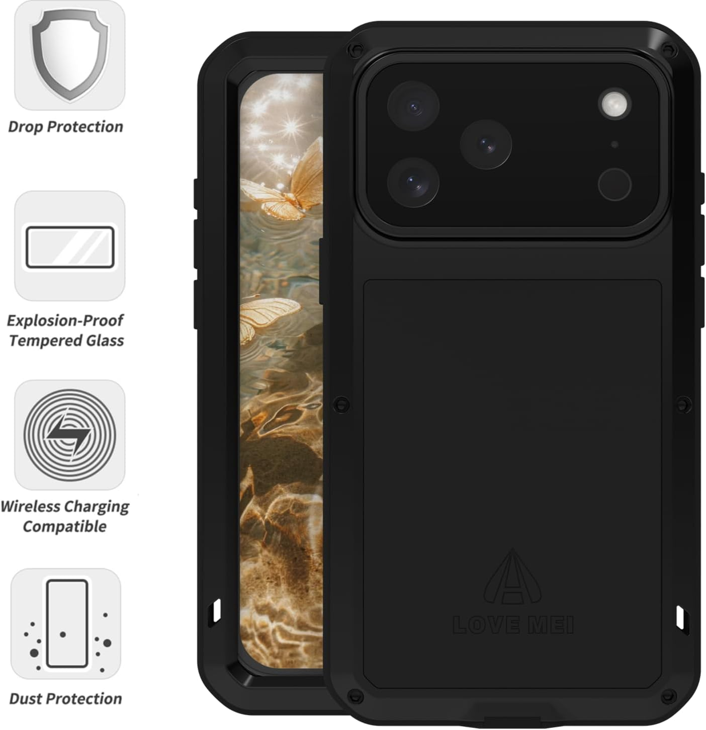 LOVE MEI Compatible with Iphone 17 Pro Max Case, Outdoor Sports Waterproof Military Heavy Duty Shockproof Dust/Dirt Proof Hybrid Aluminum Metal+Silicone+Tempered Glass Full Body Metal Cover (Black) - Black image number 6