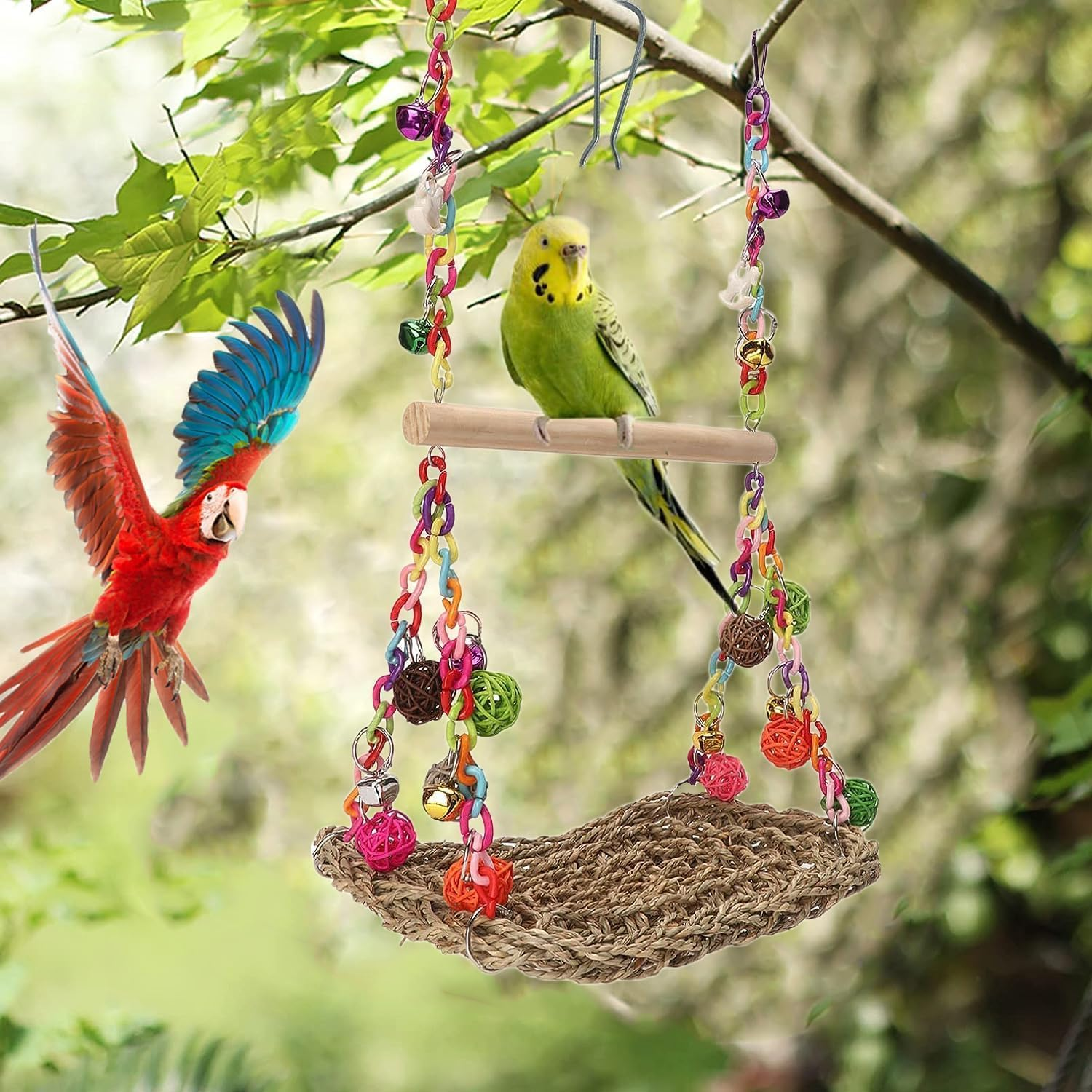 Cozioz Cozioz Bird Swing Toy with Wooden Perch &ndash; Seagrass Woven Parrot Platform, Hanging Hammock & Chewing Toy &ndash; Ideal for Parakeets, Budgies, Conures, Cockatiels & Lovebirds image number 6