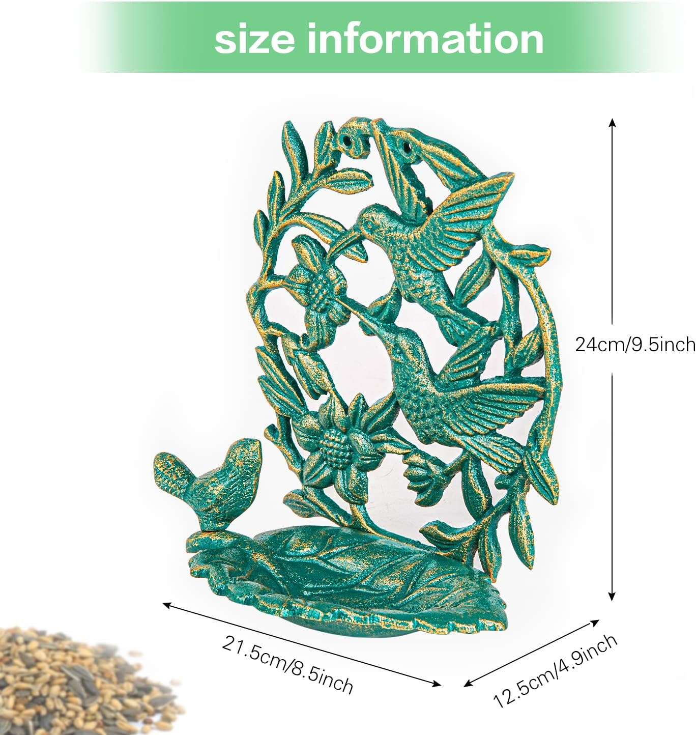 Sungmor Cast Iron Wall-Mounted Bird Feeder, Cute Hummingbird Decor Small Water Bath, Wall Hanging Fence Bird Bath Feeder, Beautiful Green Birdfeeder for Garden Backyard Patio Decoration image number 3