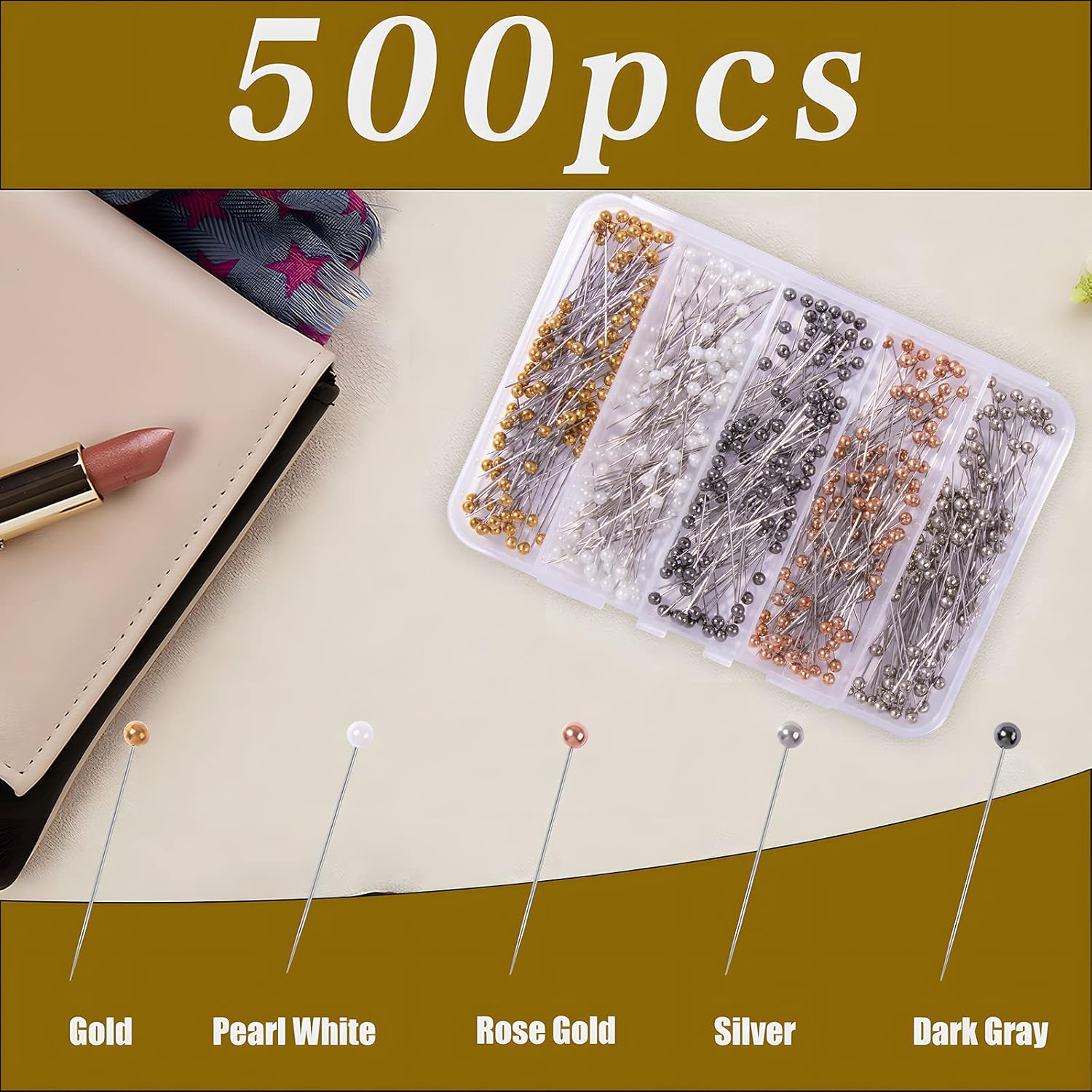 VAPKER Sewing Pins 500 Pcs Pearlized Head Quilting Pins 38Mm Straight Long Pins for Dressmaker Flower DIY Decoration(5 Colors)