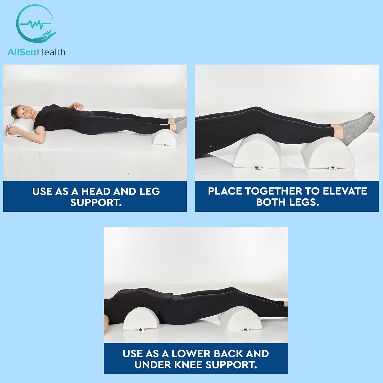 Allsett Health Half Moon Bolster Pillow for Legs, Back and Head (2 Pack) Semi Roll for Ankle and Foot Comfort with White Cotton Machine Washable Cover | Premium Memory Foam | 2 Pillow System image number 1