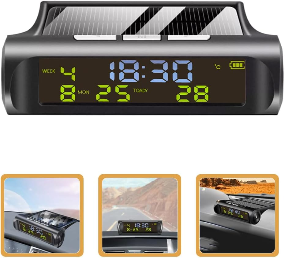 Iplusmile Car Digital LCD Clock, Solar Powered Portable Auto Truck Dashboard Clock with Time Date Temperature LCD Display, Luminous Auto 3-In-1 Digital Car Watch image number 3