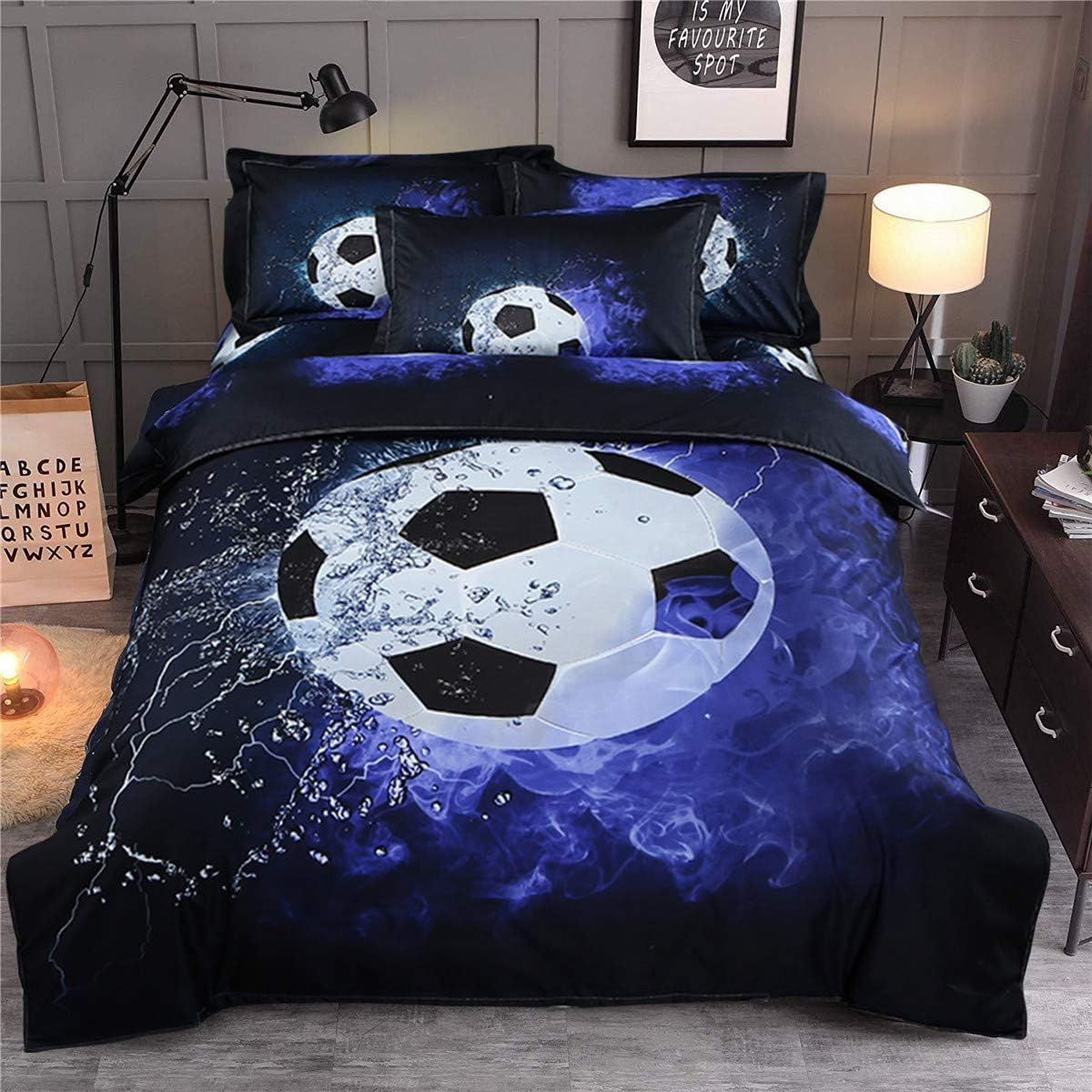 Tabeskly Kids Boys Black White Blue Football Soft Zipper Bed Bedding Duvet Cover Set Single 135&times;200Cm