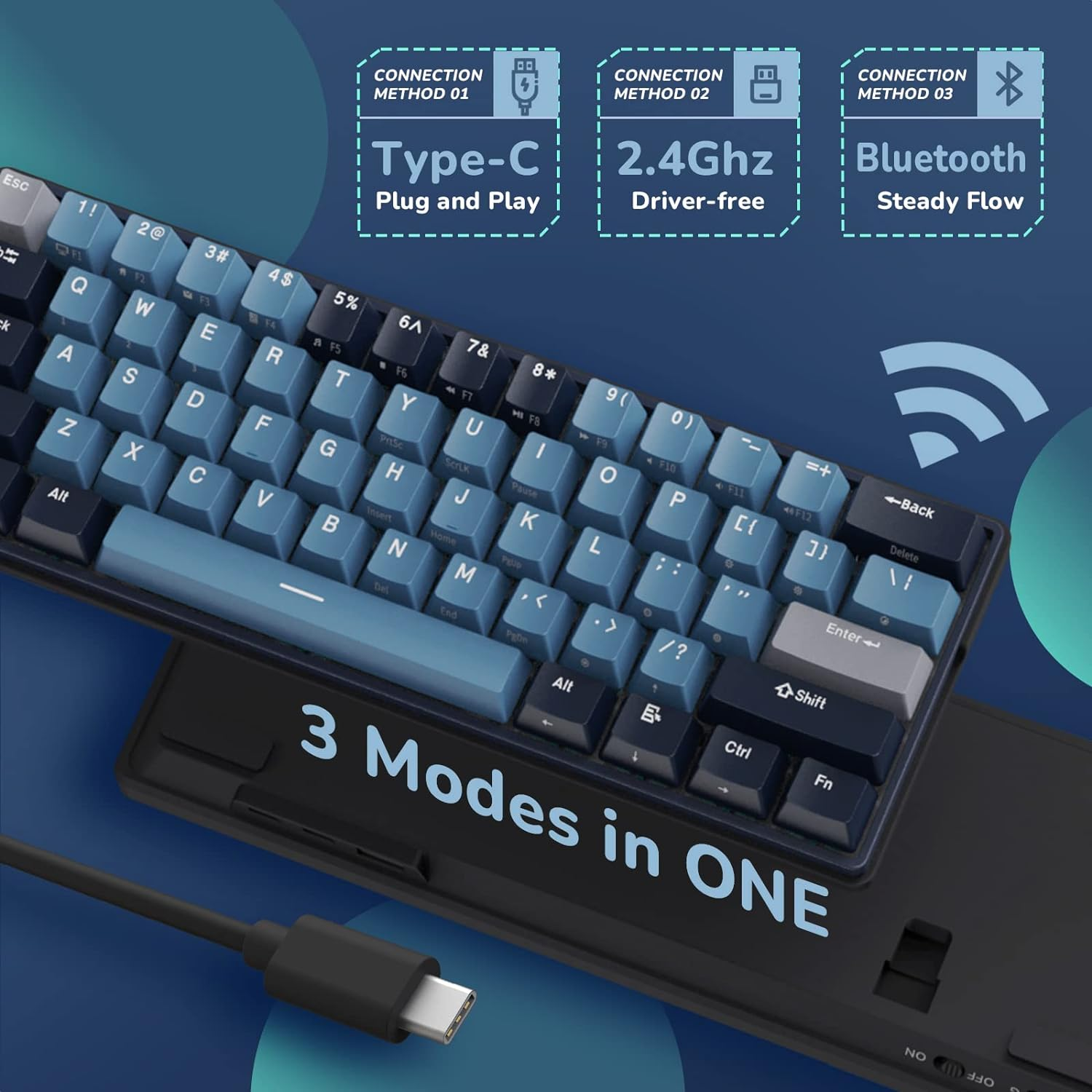 RK ROYAL KLUDGE RK61 plus Wireless Mechanical Keyboard, 60% RGB Gaming Keyboard with USB Hub, Hot Swappable Computer PC Keyboards with Bluetooth/2.4G/Wired Modes, Silver Switches,Blue image number 2