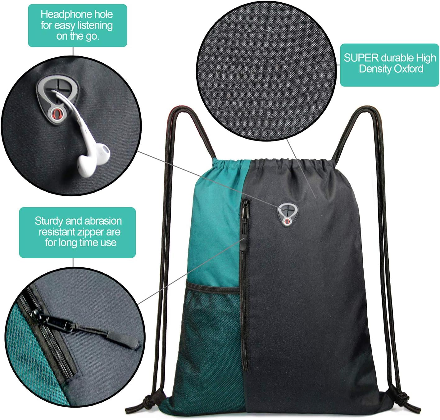 Drawstring Backpack Sports Gym Bag for Women Men Children Large Size with Zipper and Water Bottle Mesh Pockets, Womens image number 5